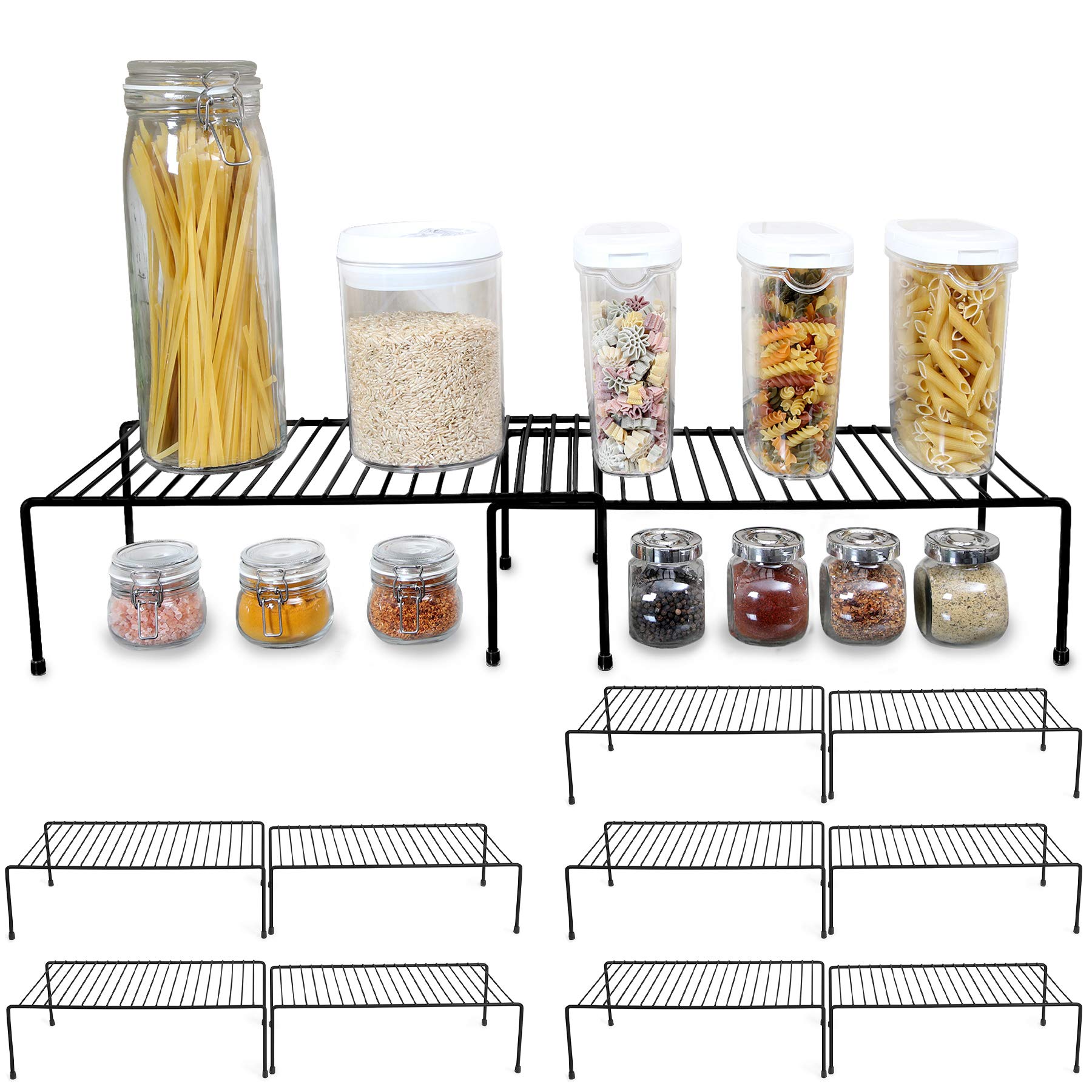 Smart Expandable Storage Shelf – Set of 6, Adjustable from 16 to 32.5 Inches, Black Steel Pantry Organizer with Rust-Resistant Coating & Non-Slip Feet – Perfect for Kitchen, Bathroom, Garage, and Closet Organization