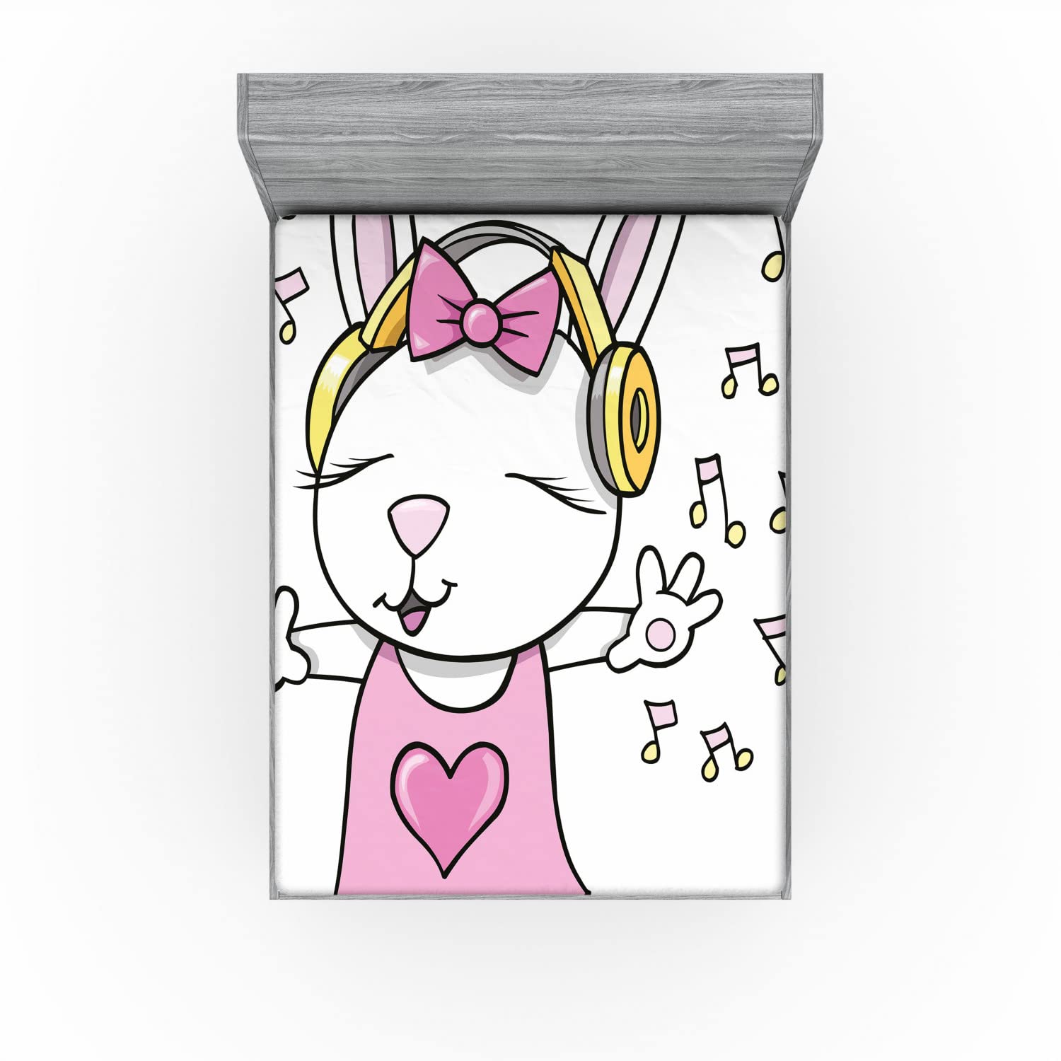 Ambesonne Bunny Fitted Sheet - Rock Star Rabbit Animal Design with Music Notes, Humor Heart Cartoon Pattern, Deep Pocket Full Size Bed Cover in Pale Pink & Yellow for Kids' Bedroom or Dorm Room