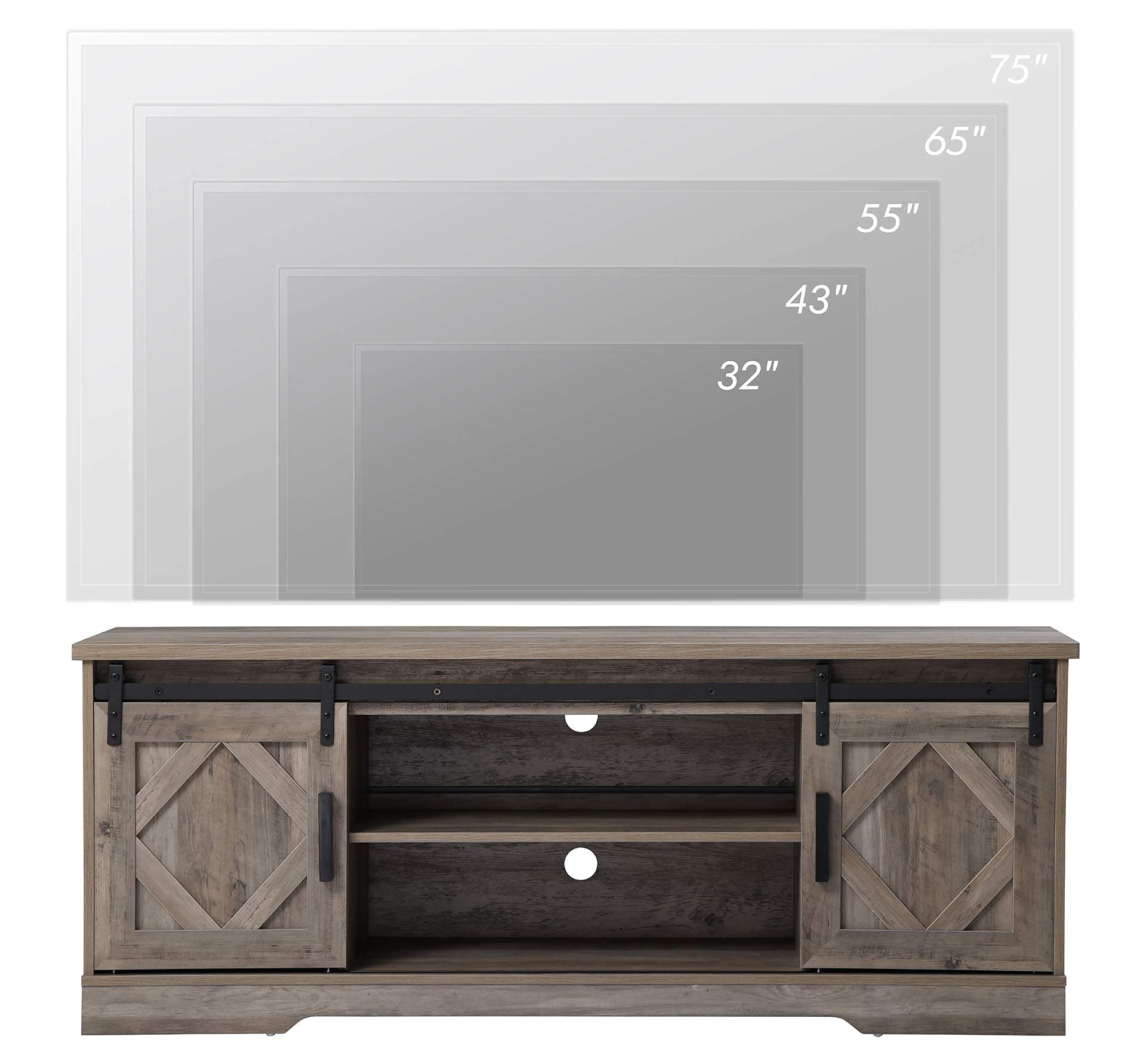 WAMPAT 65 Inch Farmhouse Sliding Barn Door TV Stand with Adjustable Shelves - Modern Wood Media Console Cabinet for Living Room, Bedroom - Wash Grey Finish - Perfect for Home Entertainment & Storage