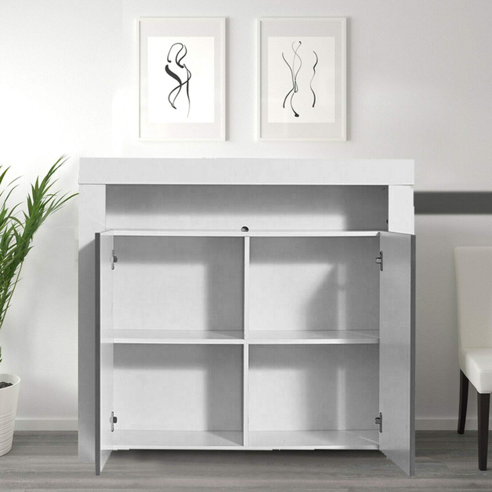 Modern 2-Door Kitchen Cabinet with LED Lighting - High Gloss Storage Buffet Sideboard for Laundry, Bathroom & Living Room (39.4