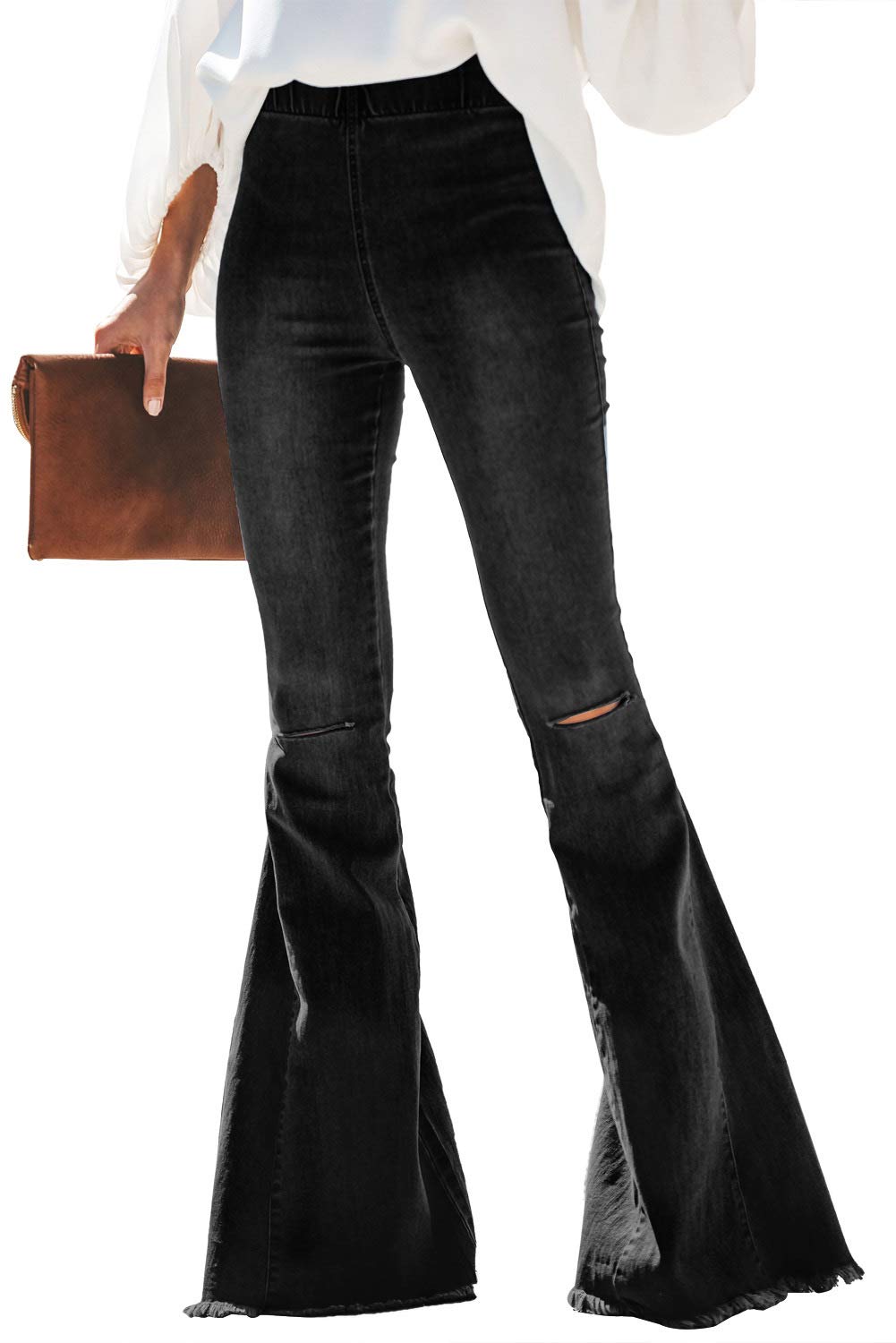 Prreey Women's Bell Bottom Jeans - Destroyed Flare Pants with Elastic Waist & Raw Hem Denim for Casual Wear, Retro Style, and Everyday Outfits
