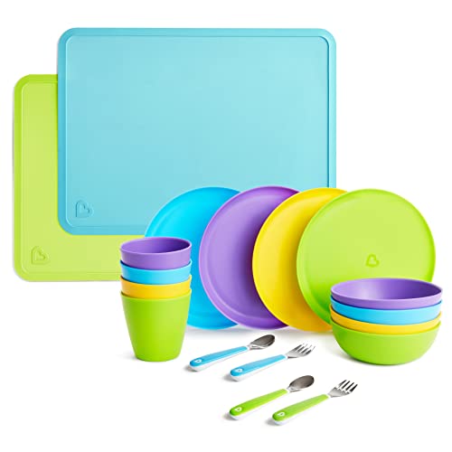 Munchkin Toddler Dining Set - 4-Piece Baby Feeding Kit with Plates, Bowls, Cups & Utensils + Silicone Placemats | BPA-Free | Perfect for High Chair, Home & Travel Meals
