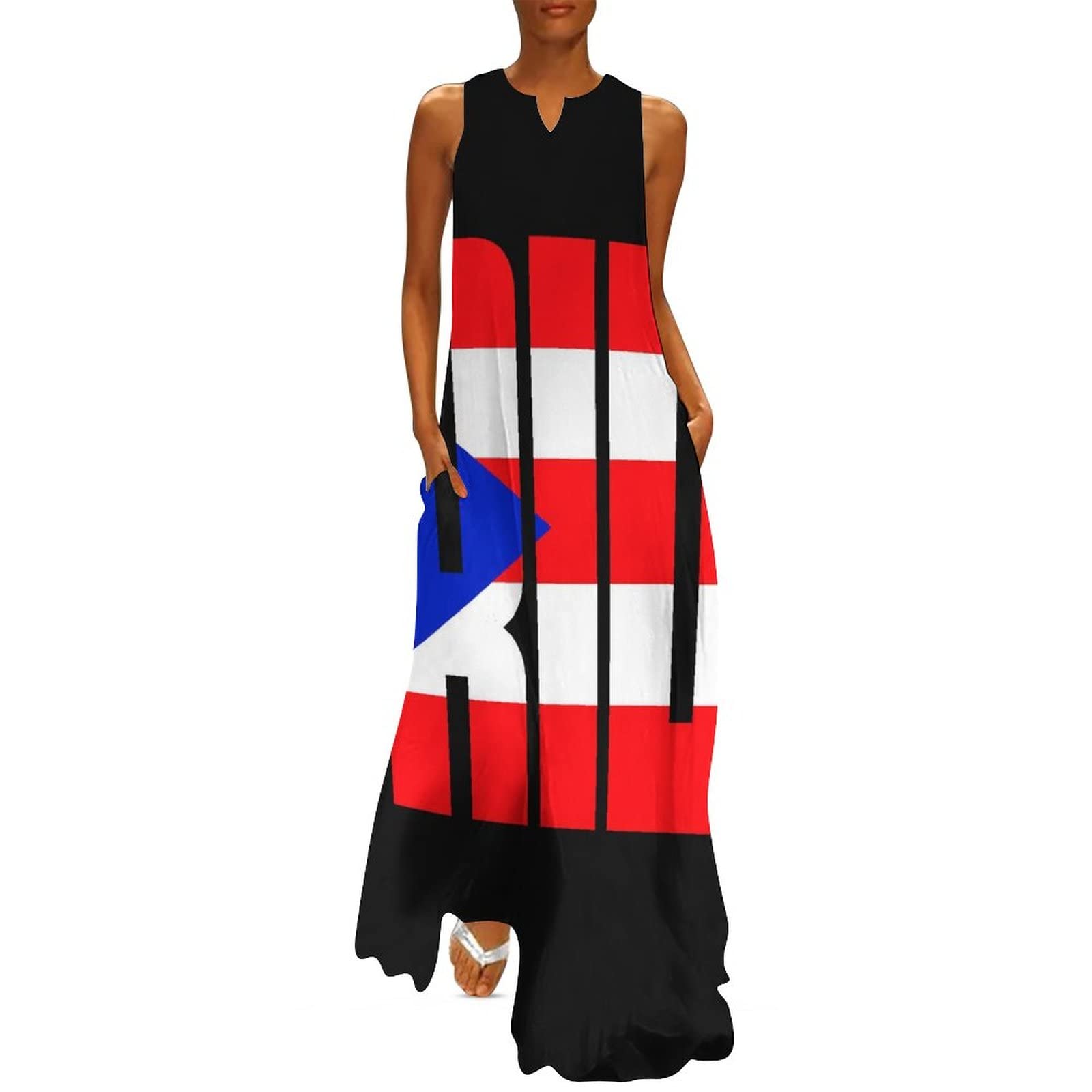 Women's Puerto Rico Flag Print Summer Maxi Dress - Casual Sleeveless Beach Dress for Wedding Guest, Vacation & Pride Celebrations