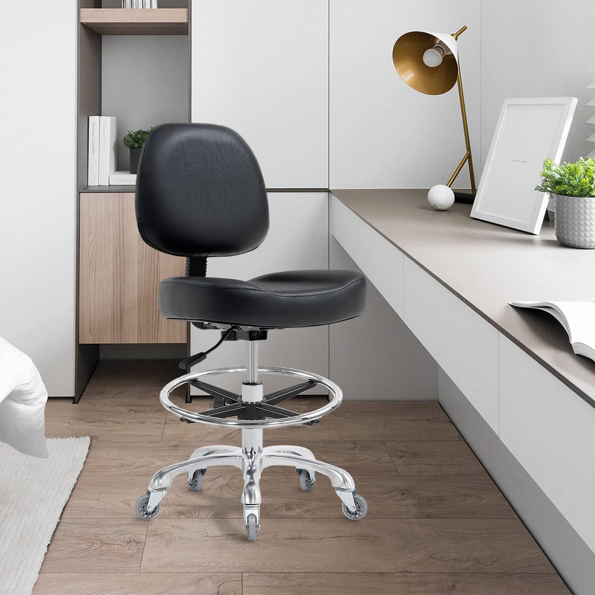 Ergonomic Drafting Chair for Standing Desk - Adjustable Height Office Stool with Backrest & Wheels, Rolling Stool for Estheticians, Salon, Studio & Workbench (Black with Footrest) - Perfect for Tattoo Artists, Hair Stylists & Home Office Workspaces
