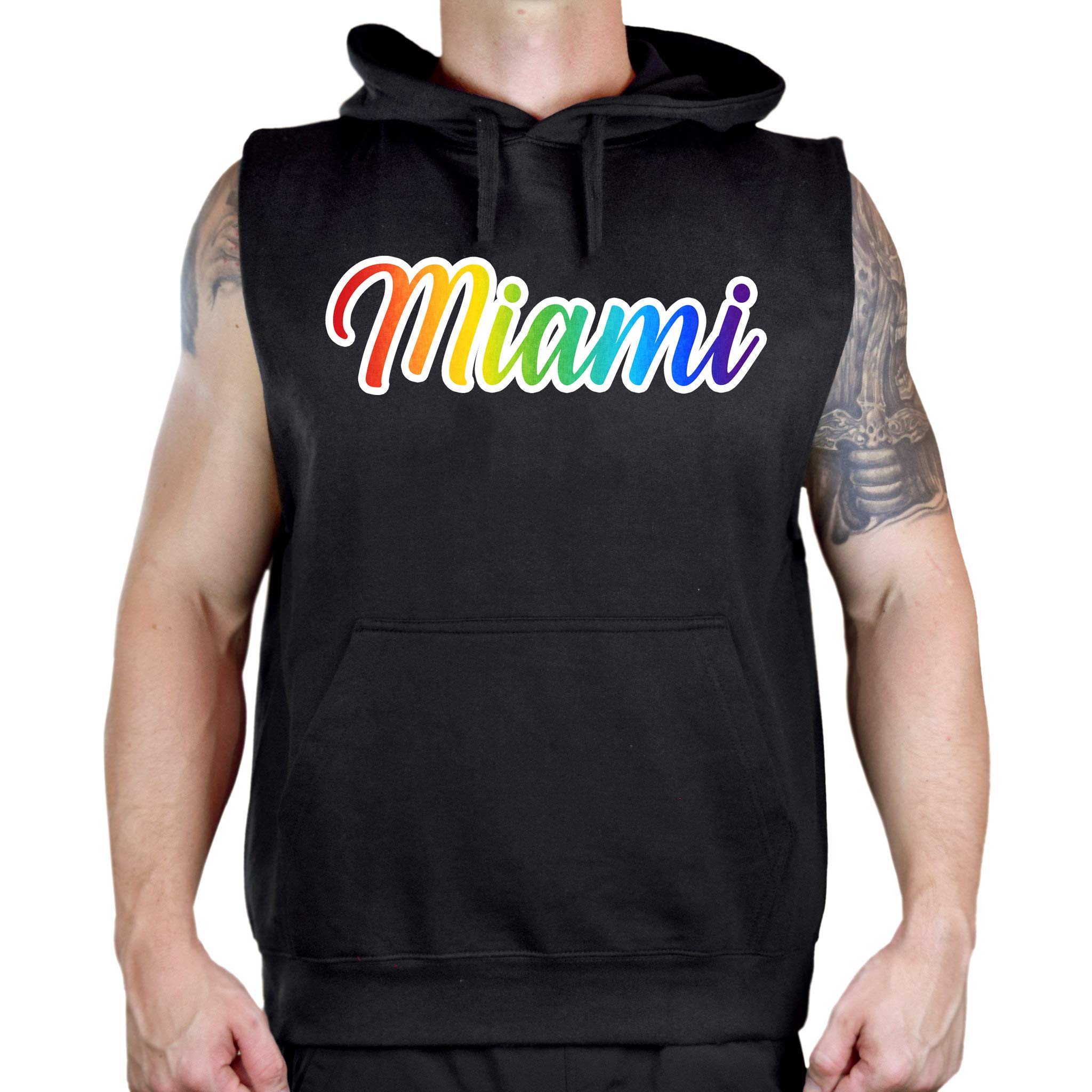 Men's Rainbow Miami KT T150 Black Sleeveless Hooded Vest - Stylish Streetwear for Gym, Running & Urban Fashion