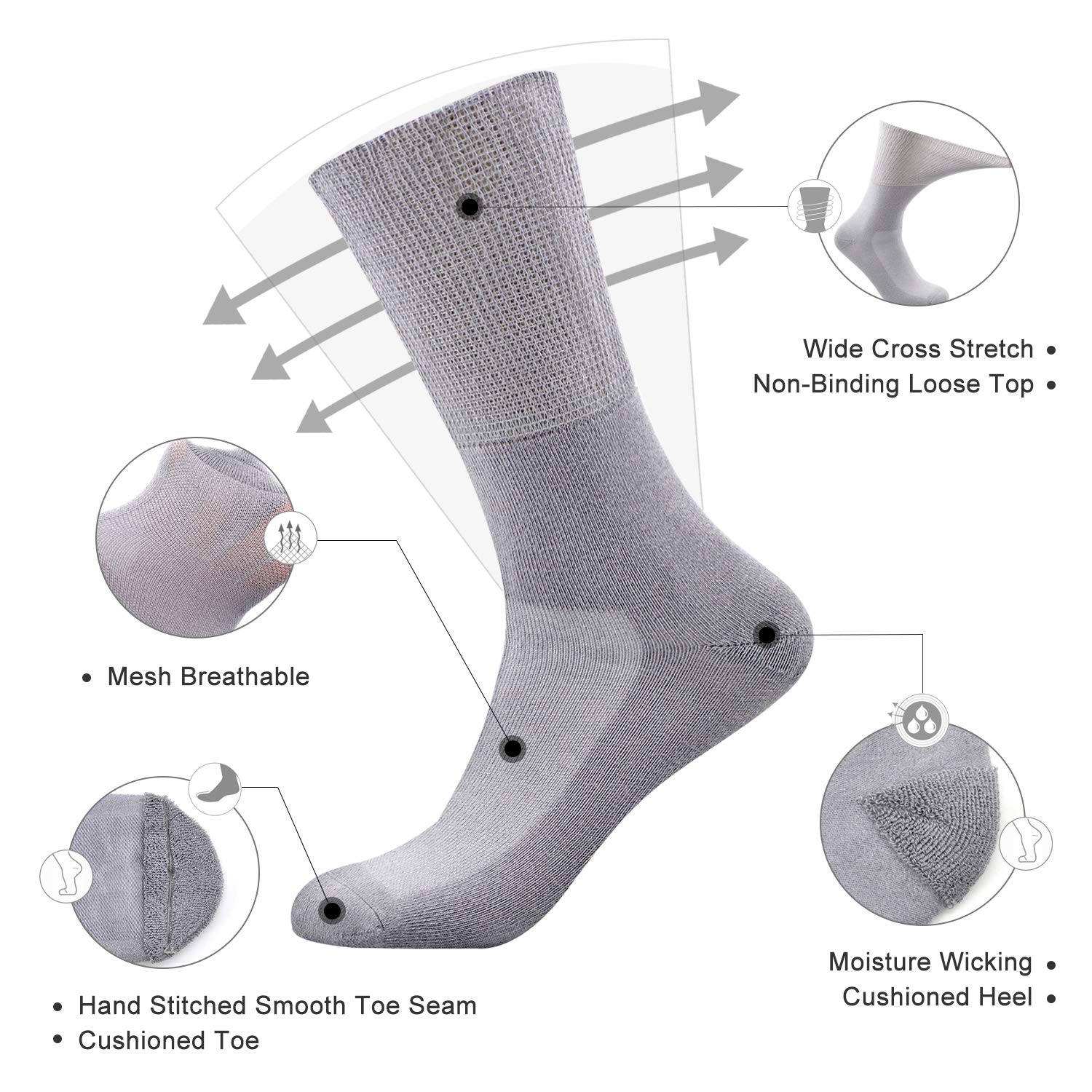 Diabetic Socks for Men & Women - Non-Binding Top, Seamless Toe, Soft Thin Crew Socks - Ideal for Diabetes Care, Circulation & All-Day Comfort