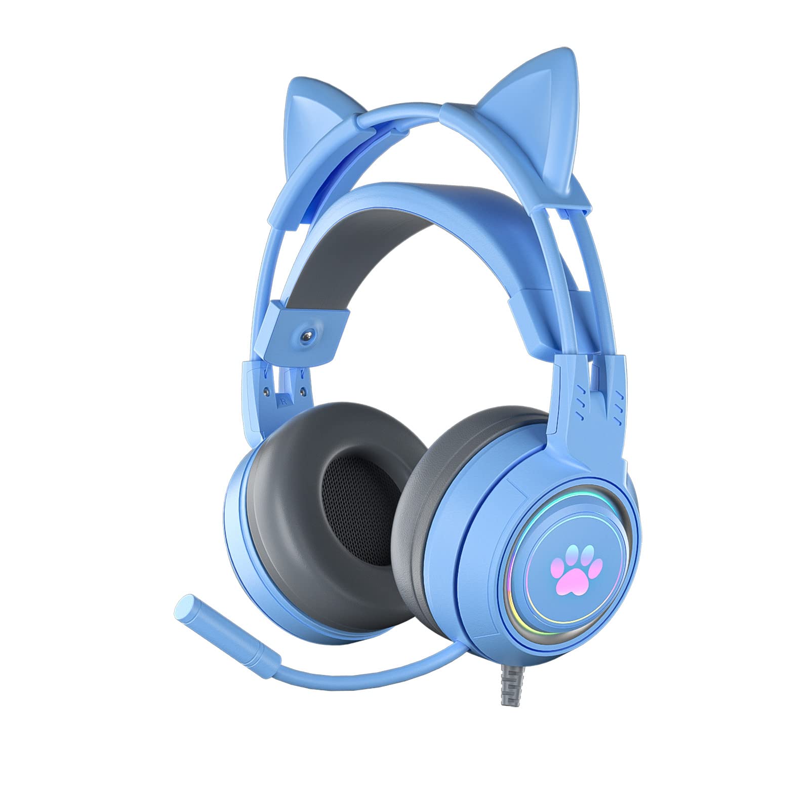 Detachable Cat Ear Gaming Headset with Microphone - Wired Over-Ear Headphones with Self-Adjusting Stereo Sound for PS4, Xbox One, PC & Mobile (3.5mm Jack, Blue) - Perfect for Streaming, Gaming & Online Classes