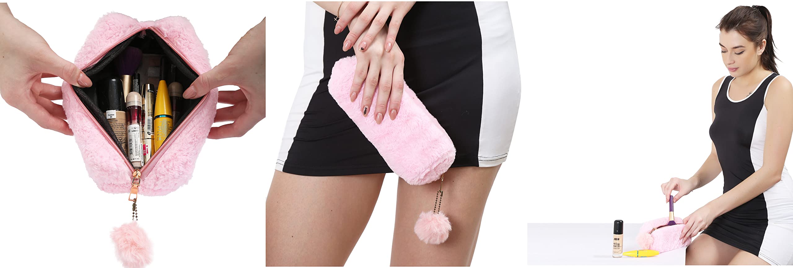 Sanjis Enterprise Small Faux Fur Cosmetic Bag - Elegant Makeup Pouch with Zipper for Lipstick & Toiletries | Perfect Women's Travel Organizer & Gift Idea (Pink) | Great for Daily Makeup Storage, Weekend Getaways & Birthday Presents