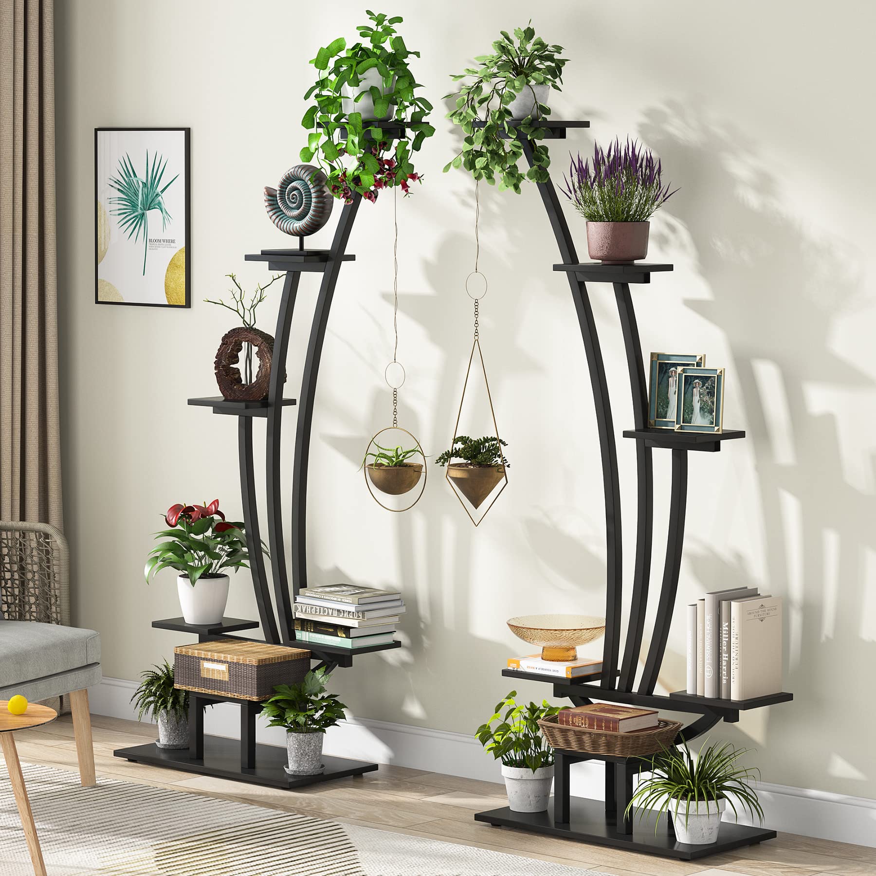Tribesigns 6-Tier Tall Indoor Plant Stand - Set of 2 Black Metal Curved Display Shelves with Hanging Hooks - Multi-Purpose Bonsai & Flower Pot Rack for Living Room, Garden, Balcony Decor - Perfect for Small Space Plant Organization & Home Decor Display