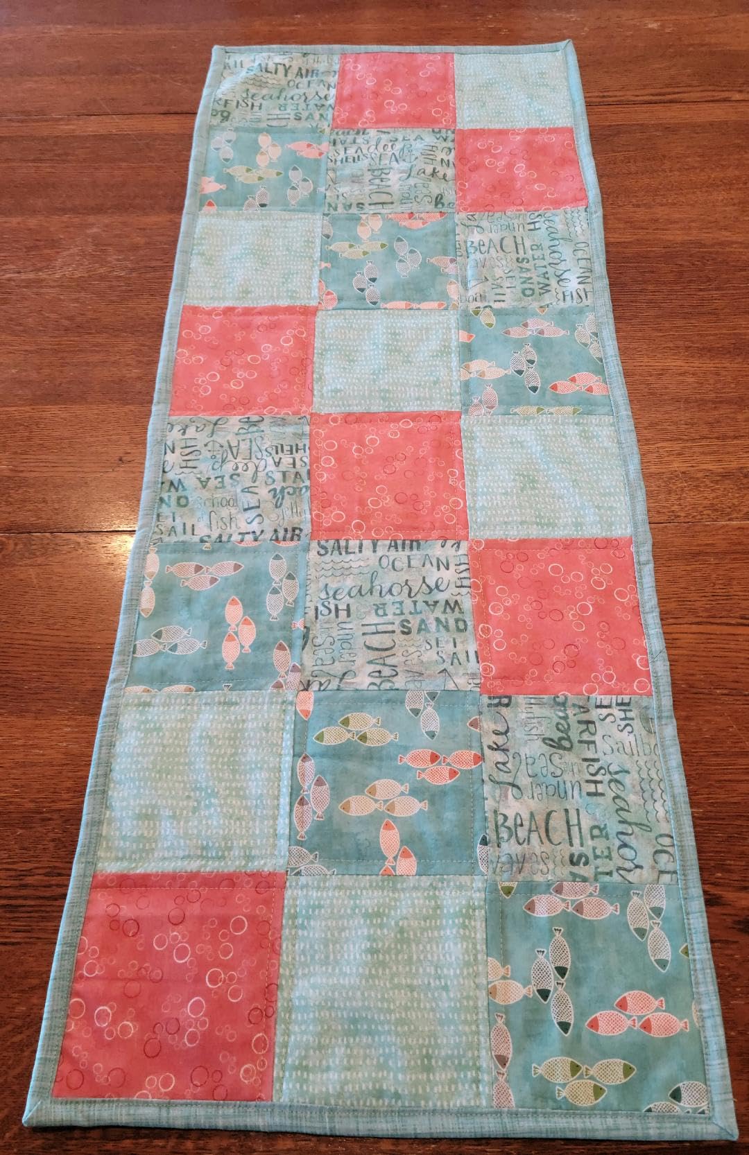 Quilted Beach Table Runner - Blue and Coral Ocean Theme for Dining Table Decor, Perfect for Mother's Day, Coastal Home & Seaside Entertaining