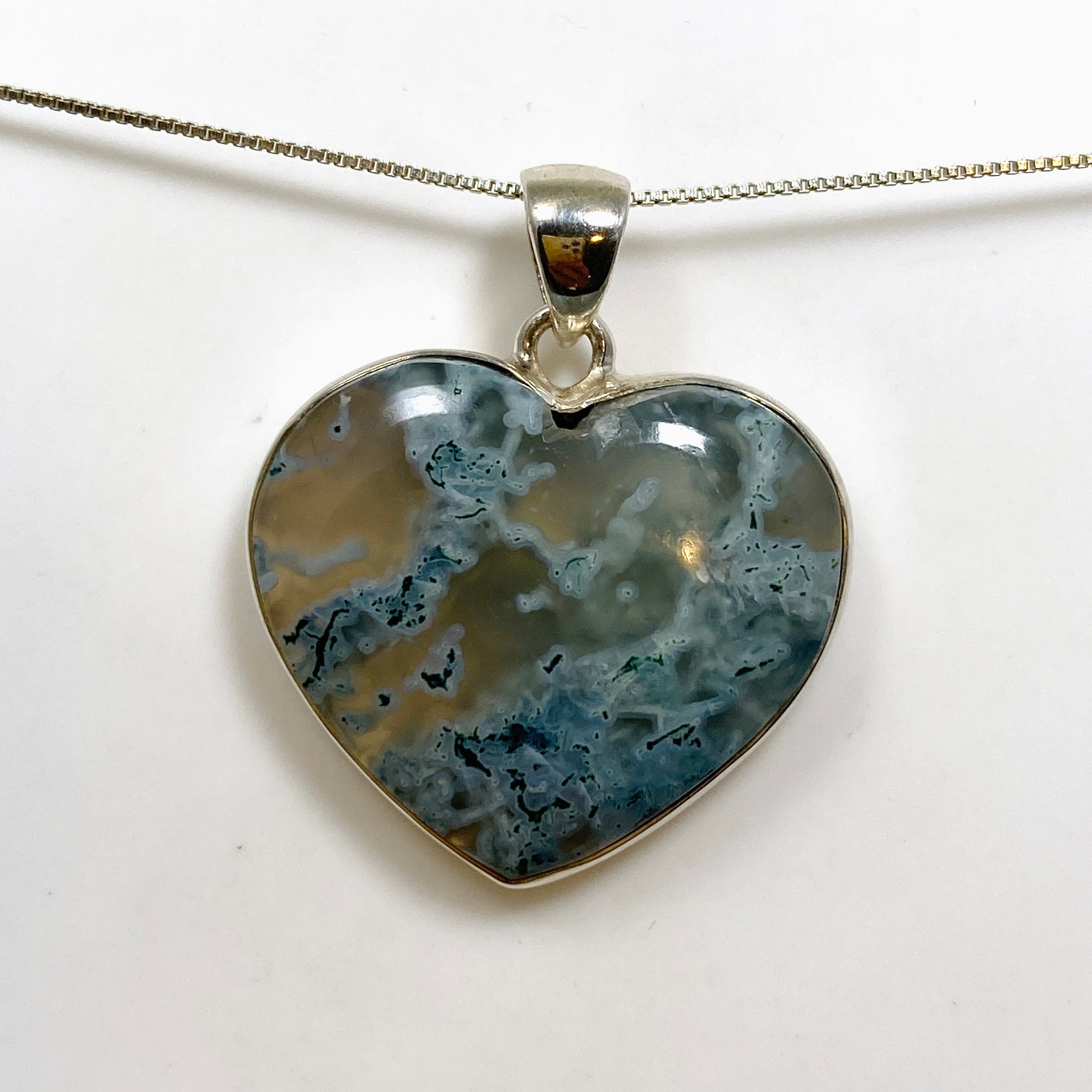Natural Moss Agate Heart Cabochon Pendant - 925 Sterling Silver Jewelry for Women - Perfect for Valentine's Day Gifts, Spiritual Healing & Boho Fashion Accessories
