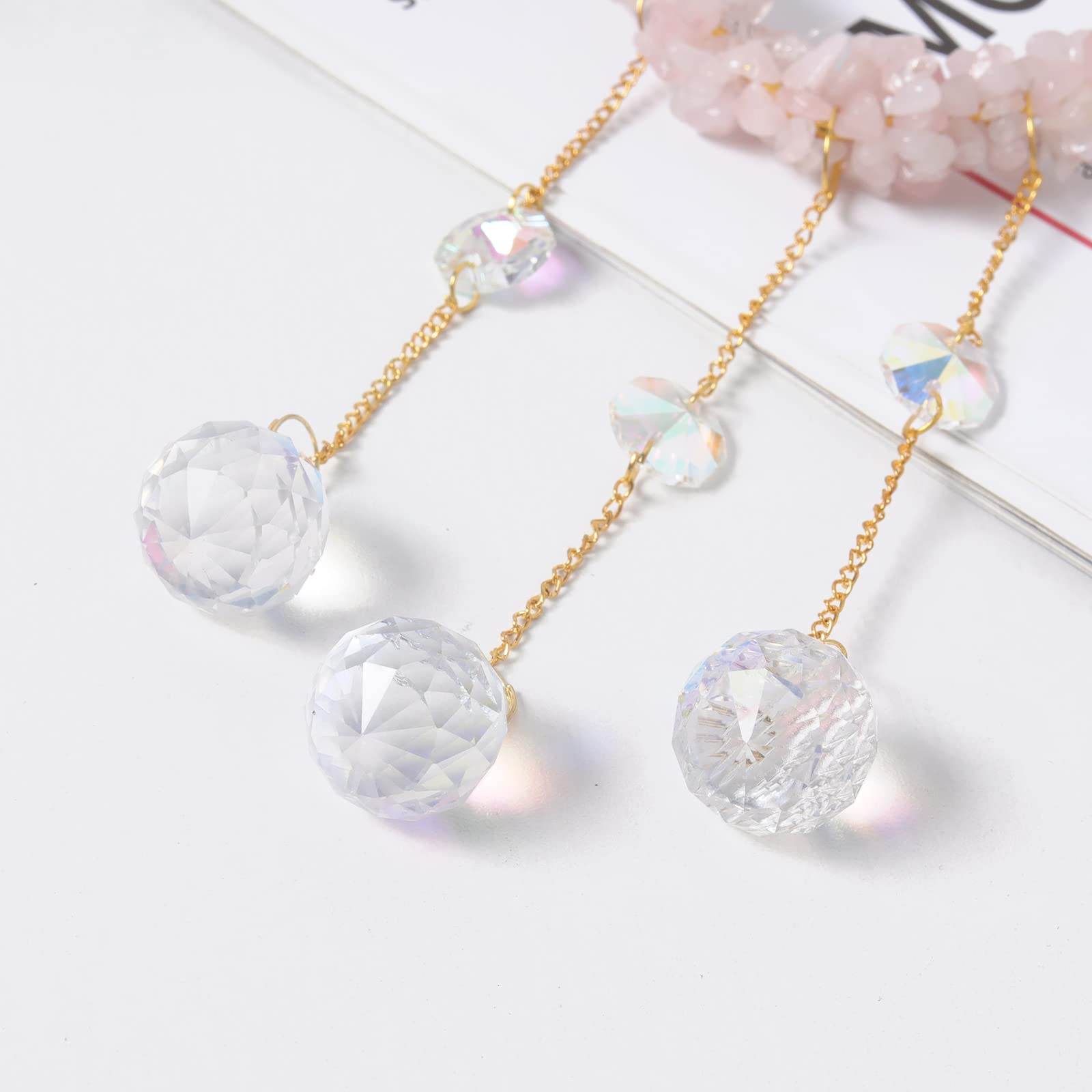 Natural Pink Stone Hanging Crystal Suncatcher - Energy Crystal Ball Prism Pendant for Home Decor & Protection | Creates Rainbows for Windows, Meditation Rooms & Outdoor Spaces