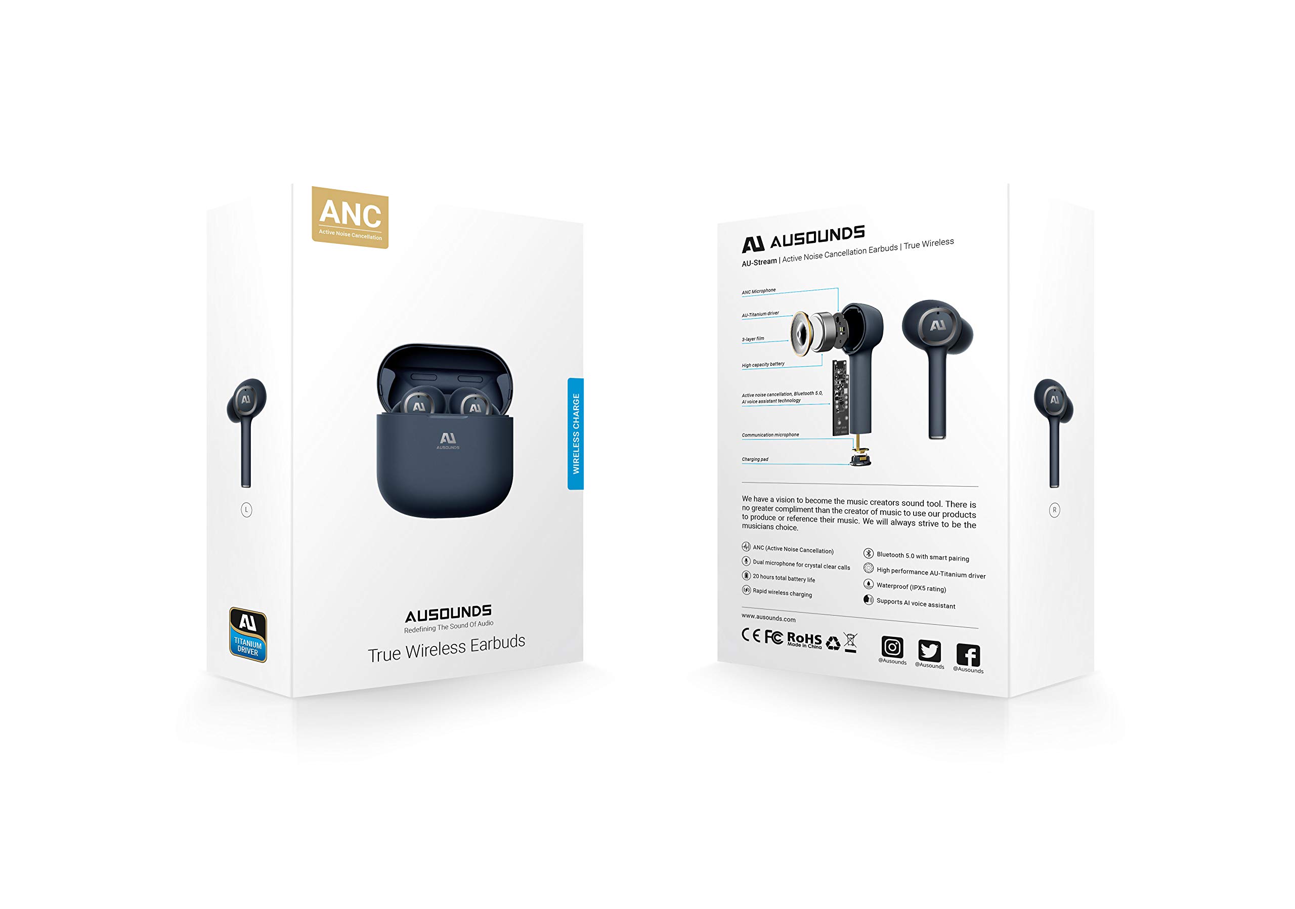 Ausounds AU-Stream ANC True Wireless Bluetooth Earbuds with Noise Cancelling - Black | Wireless Headphones for Workout, Travel & Commuting