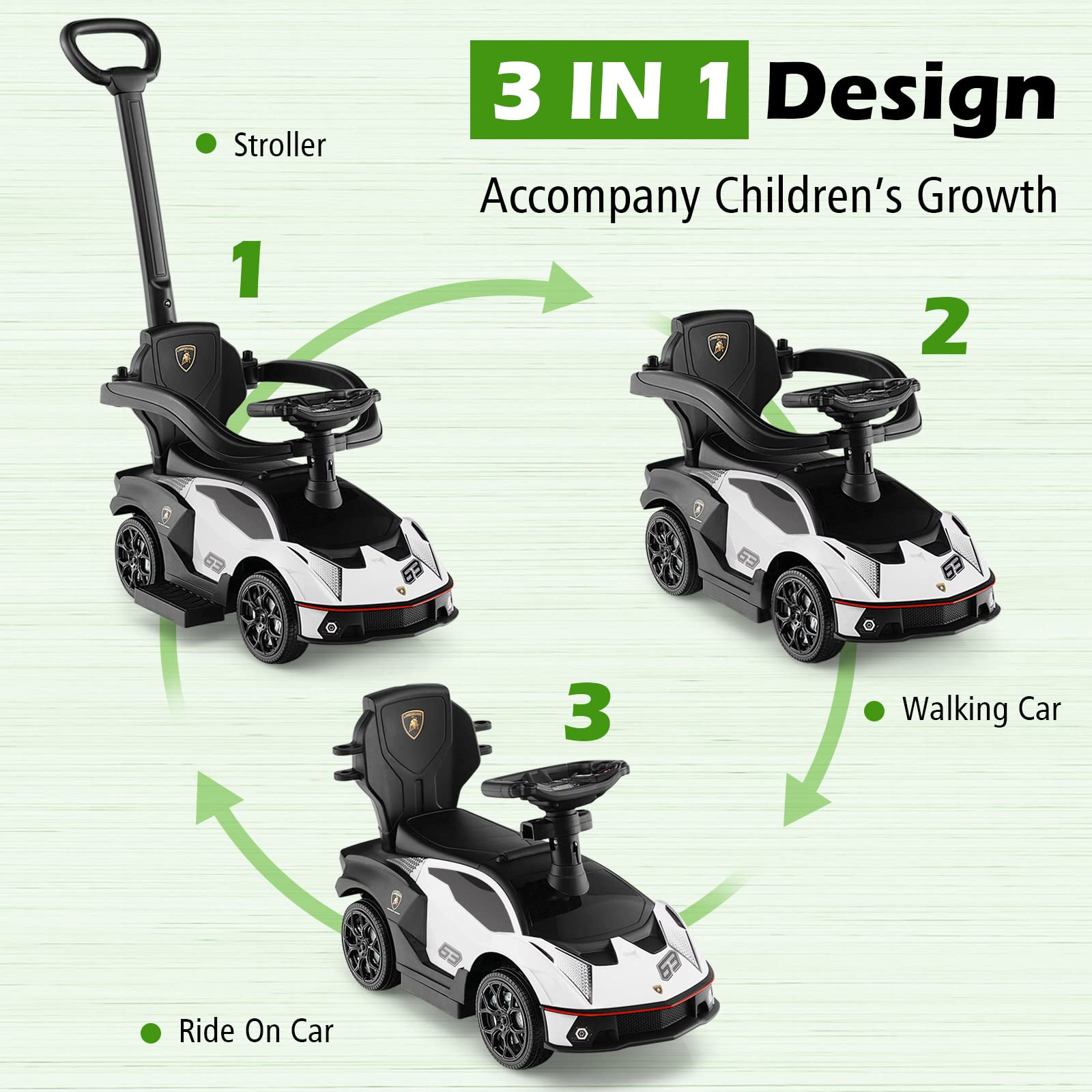 Costzon 3-in-1 Push Car for Toddlers - Licensed Lamborghini Stroller, Ride-On Toy with Handle, Armrest Guardrail & Storage - Foot-to-Floor Walking Car with Horn - Perfect Gift for Boys & Girls (White) - Indoor & Outdoor Play, Birthday & Holiday Present
