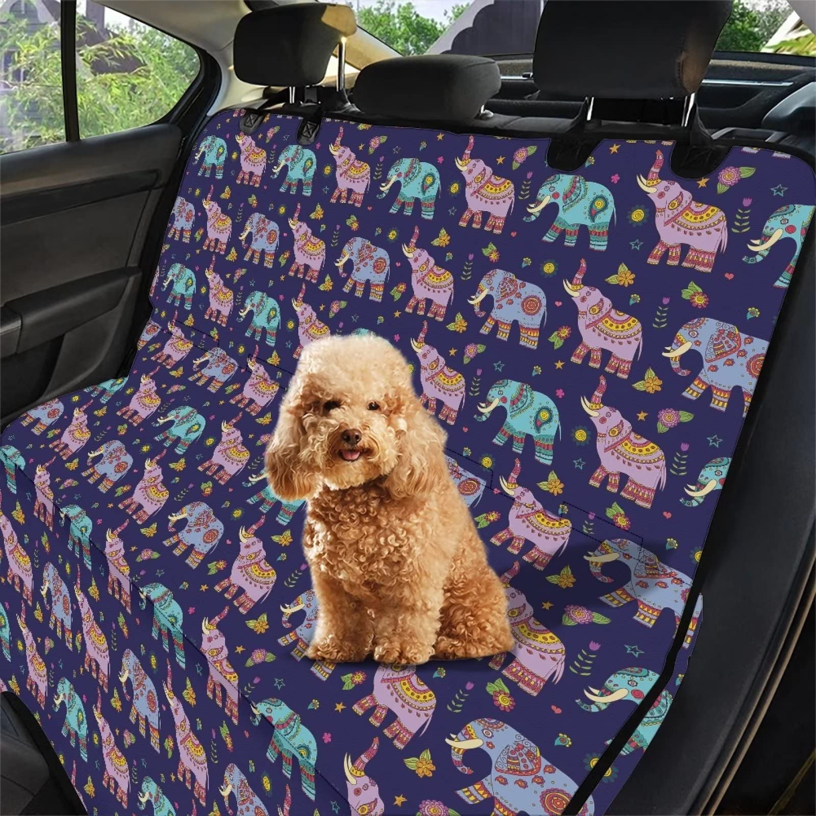 Boho Elephant Dog Seat Cover - XL Pet Car Seat Protector with Mandala & Elephant Design for Travel, SUV, and Truck - Waterproof & Non-Slip