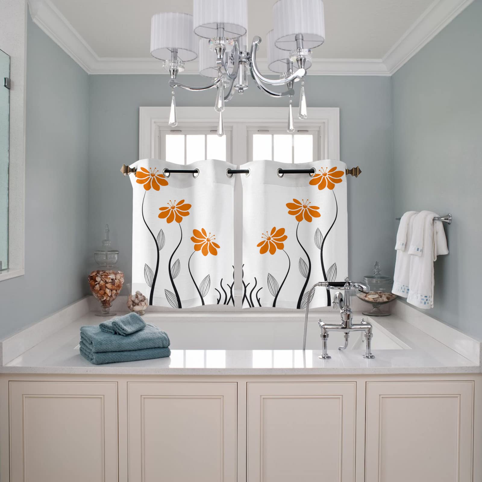 Orange Aqua Floral Window Curtains 39 Inch Length - 2 Panels Grommet Kitchen & Cafe Curtains for Bedroom, Modern Geometric Striped Leaves Design - Perfect for Home Decor, Window Treatments & Room Aesthetics