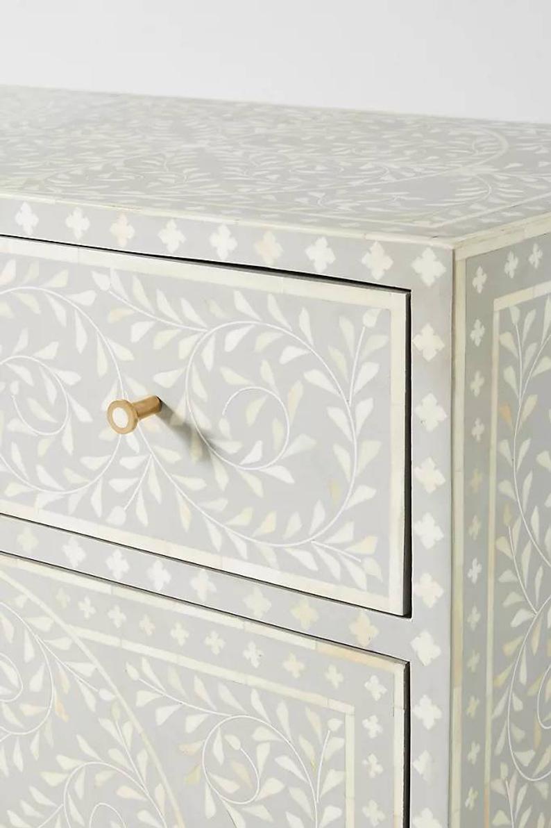 Handmade Floral Inlay Grey Sideboard with 4 Doors & 2 Drawers - Custom Solid Wood Buffet Table for Dining Room Storage & Home Decor