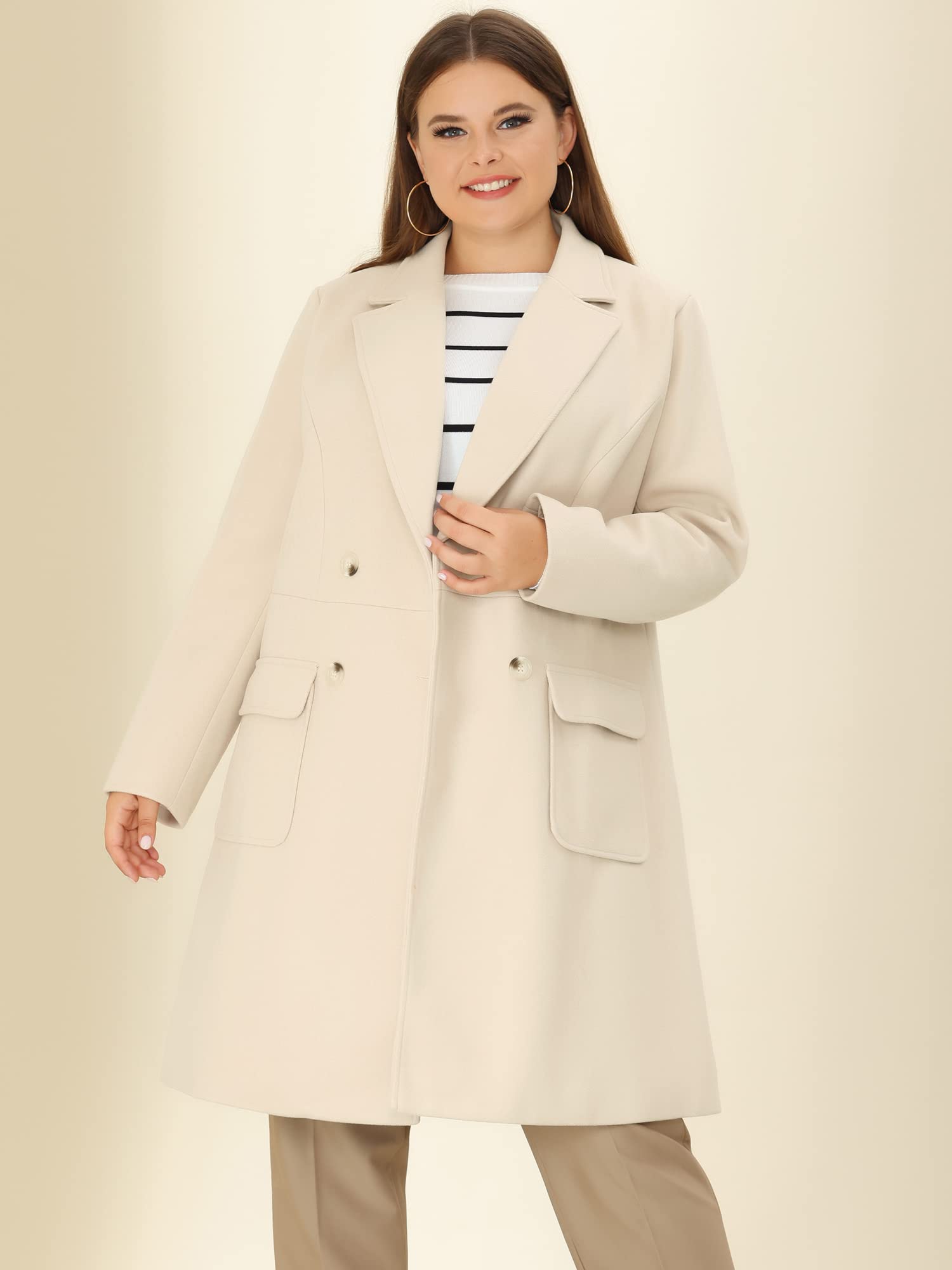 Agnes Orinda Women's Plus Size Long Winter Coat - Notch Lapel Double Breasted Pea Trench Coat for Cold Weather | Warm & Stylish Outerwear for Work, Travel & Formal Occasions