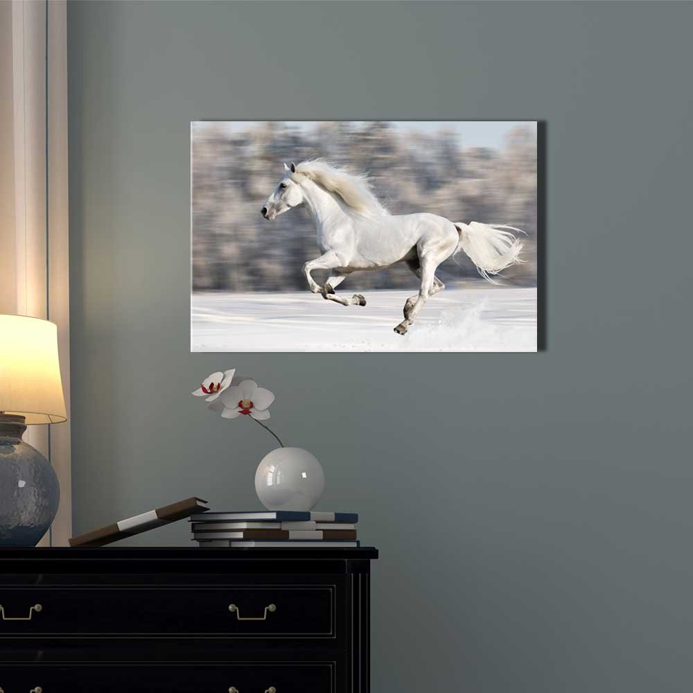 White Horse Galloping in Winter - Modern Canvas Wall Art Print | Stretched Gallery Wrap, Ready to Hang (24x36 inches) - Perfect for Living Room, Bedroom & Office Decor