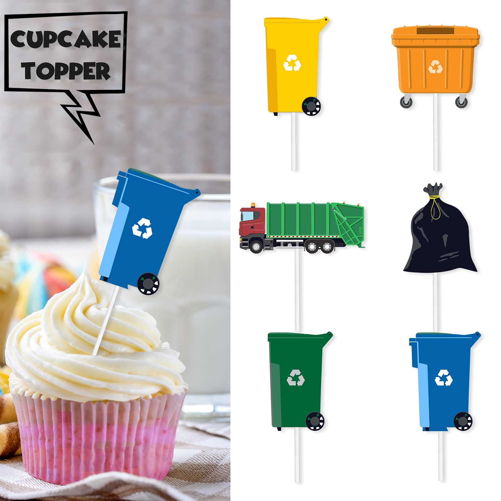 18-Piece Green Glitter Garbage Truck Trash Can Cupcake Toppers - Waste Management & Recycling Theme Party Decor for Kids Birthday Celebrations - Perfect for Dessert Table Decorations, Classroom Activities, and Themed Birthday Parties