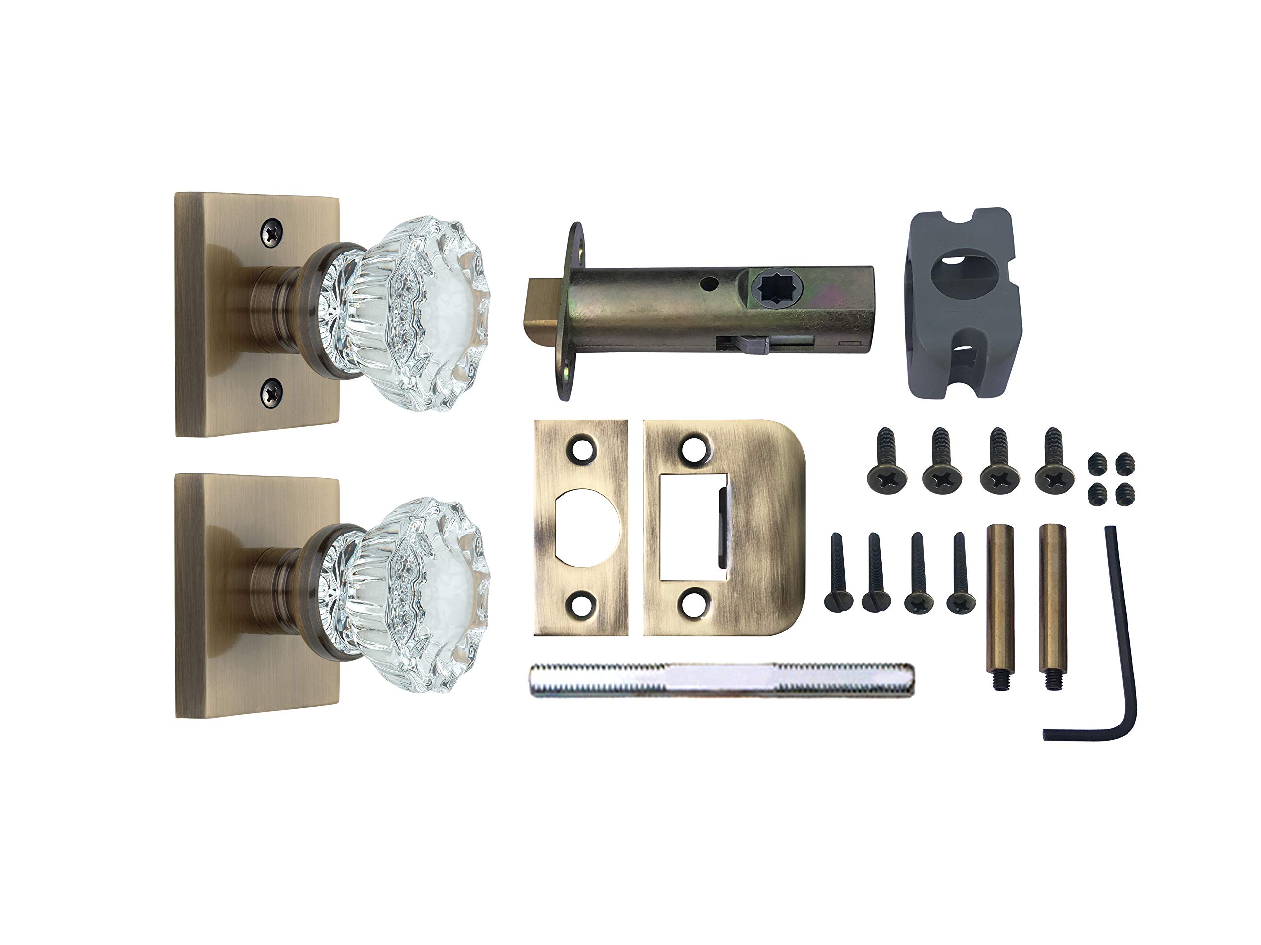 Knoxx Hardware Crystal Square Passage Door Knob with Square Rose in Antique Brass - Elegant Cabinet & Bedroom Door Handle for Home Decor