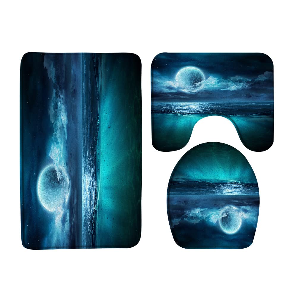 3-Piece Moon Ocean Bath Rug Set - Teal Blue Starry Sky Cloud Seascape Design, Microfiber Memory Foam Bath Mats 18x30 Inch for Bathroom Decor - Soft Non-Slip Shower Mats for Cozy Bathroom, Bedroom, and Spa Retreat