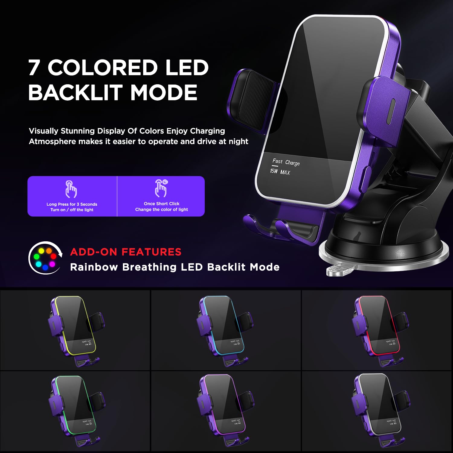 15W Fast Wireless Car Charger with Auto Clamping & 7-Color LED Backlit - Compatible with iPhone 14/13/12/11/X, Samsung Galaxy S23/S22/S21/S10/Note 20 (Purple) | Perfect for Hands-Free Charging While Driving