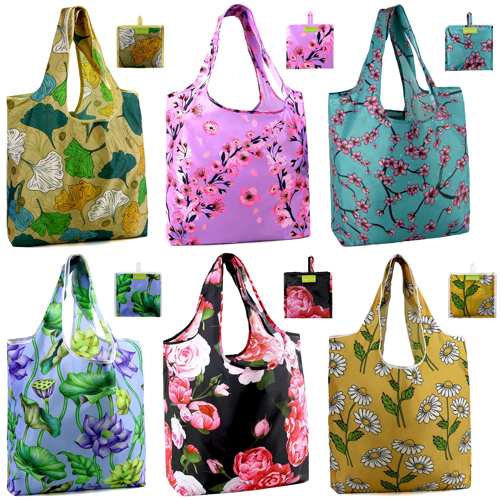 BeeGreen Foldable Reusable Grocery Tote Bag - Heavy Duty Polyester for Shopping & Gifting