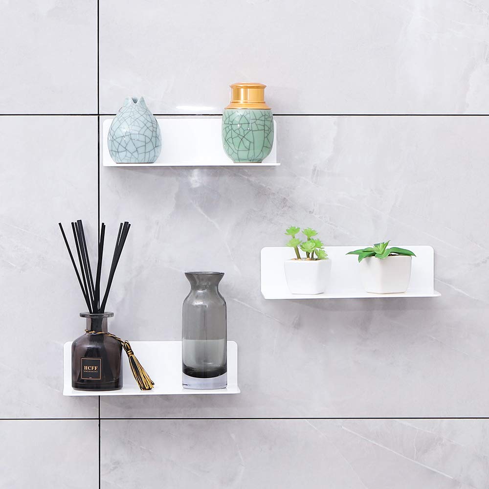 IEEK 9 Inch Acrylic Floating Shelves Set of 4 - Small Wall Display Shelves for Bluetooth Speakers, Security Cameras, Nintendo Switch & Action Figures - Damage-Free Stick-On Wall Shelves (White) - Perfect for Bedroom, Living Room, Office & Bathroom Organization