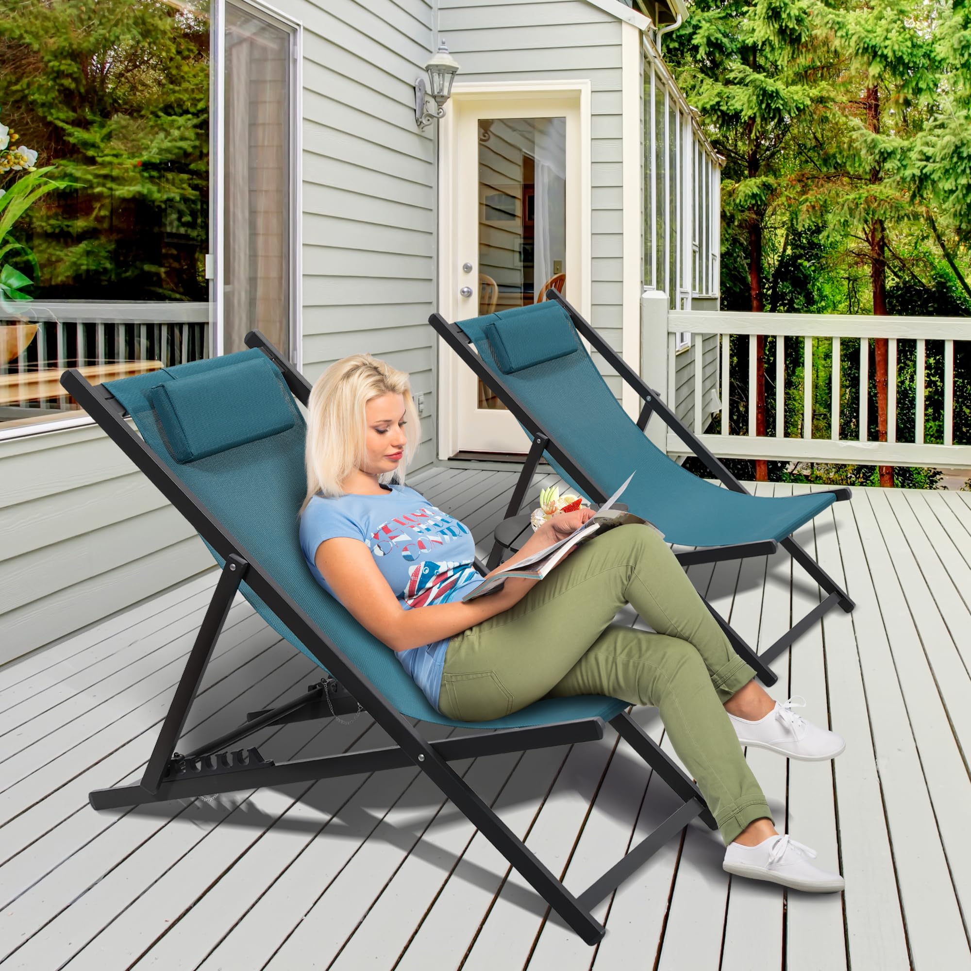 Set of 2 Outdoor Patio Sling Chairs - UV Resistant & Waterproof Fabric, Lightweight Foldable Aluminum Frame - Perfect for Deck, Poolside, Beach & Backyard Relaxation