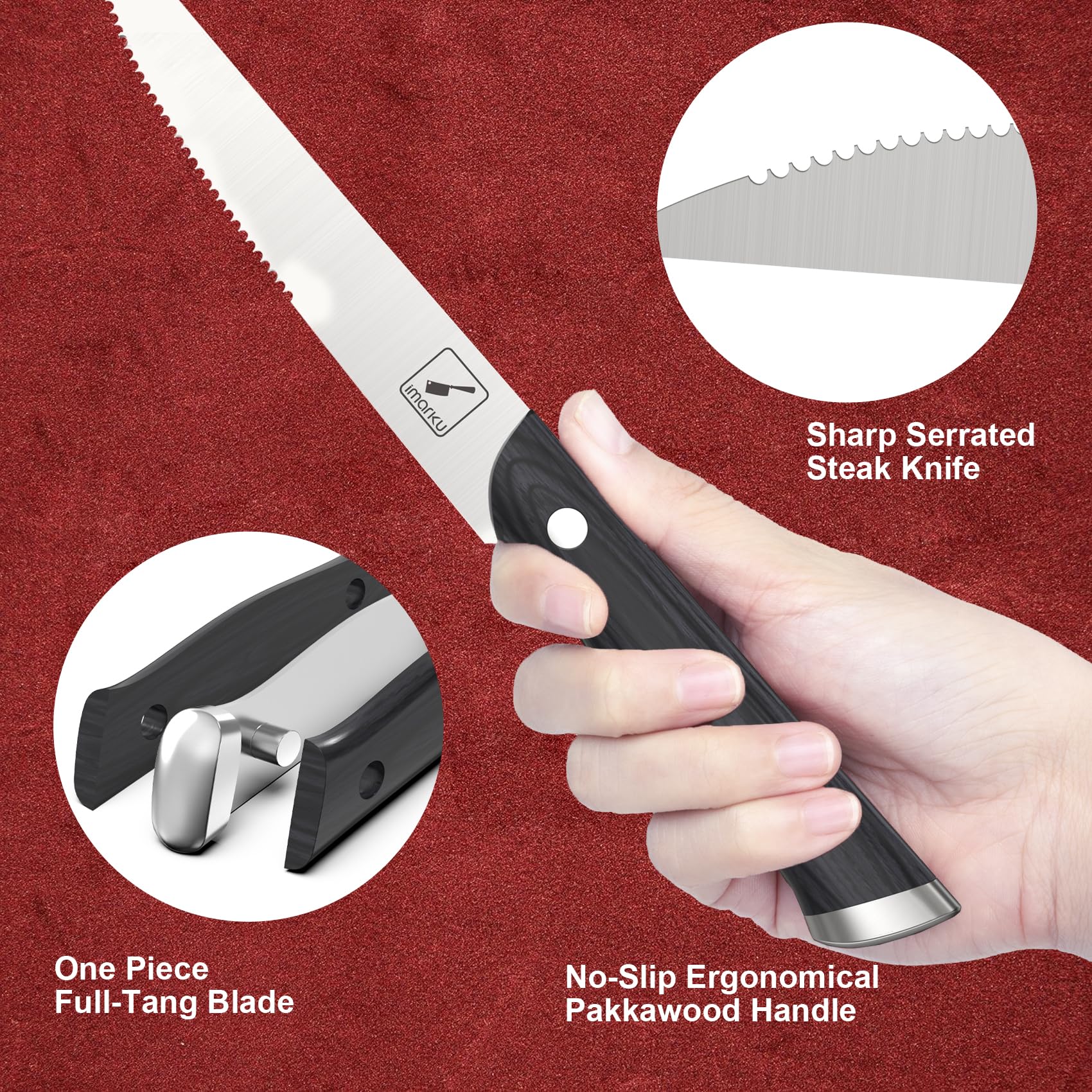 Imarku 8-Piece Steak Knives Set - Serrated Japanese HC Steel Blades with Pakkawood Ergonomic Handles - Premium Steak Knife Set in Gift Box - Perfect for Steak Dinners, BBQ Parties & Housewarming Gifts for Men & Women