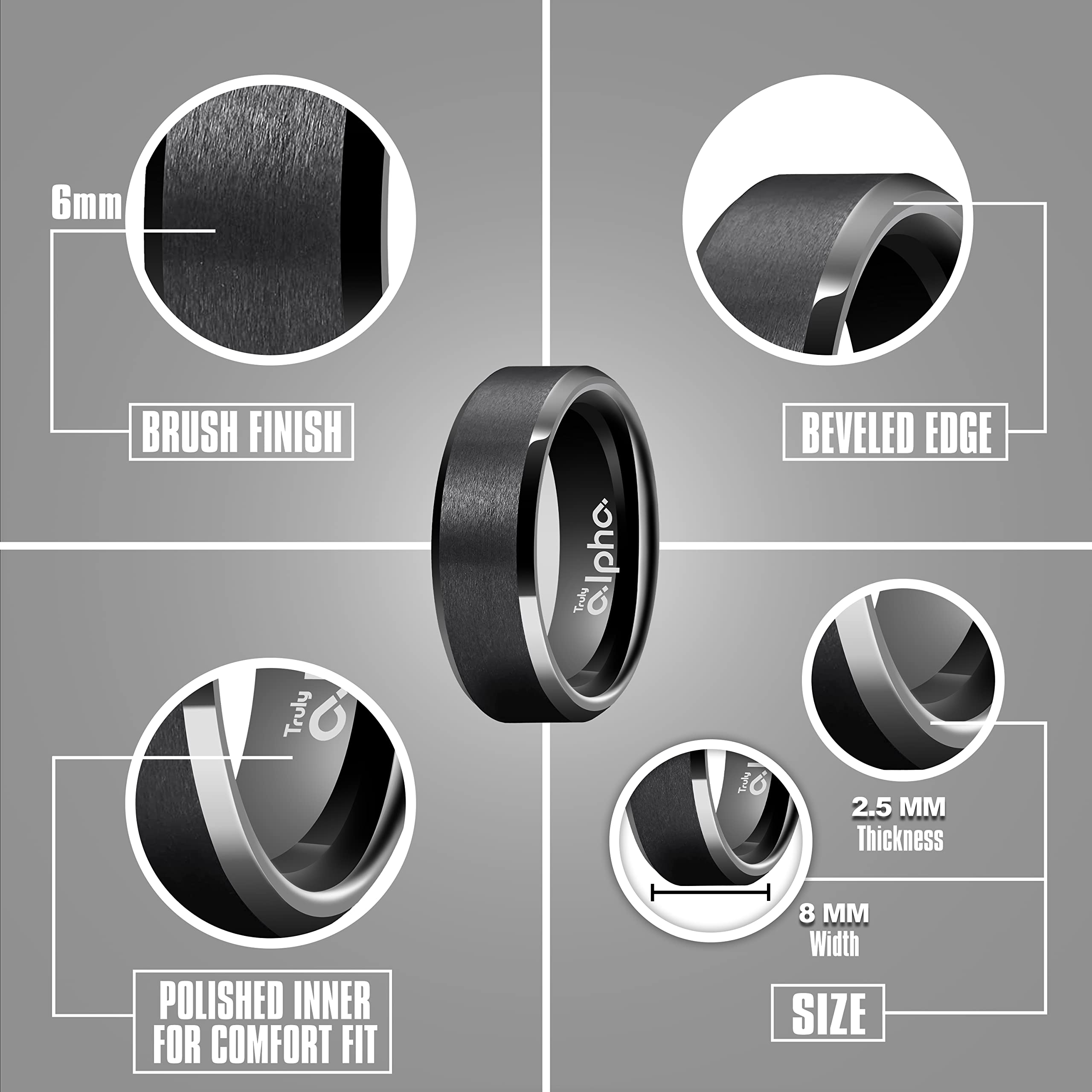 8mm Brushed Tungsten Black Men's Wedding Band - Beveled Edge, Comfort Fit, Elegant Design for Everyday Wear and Special Occasions