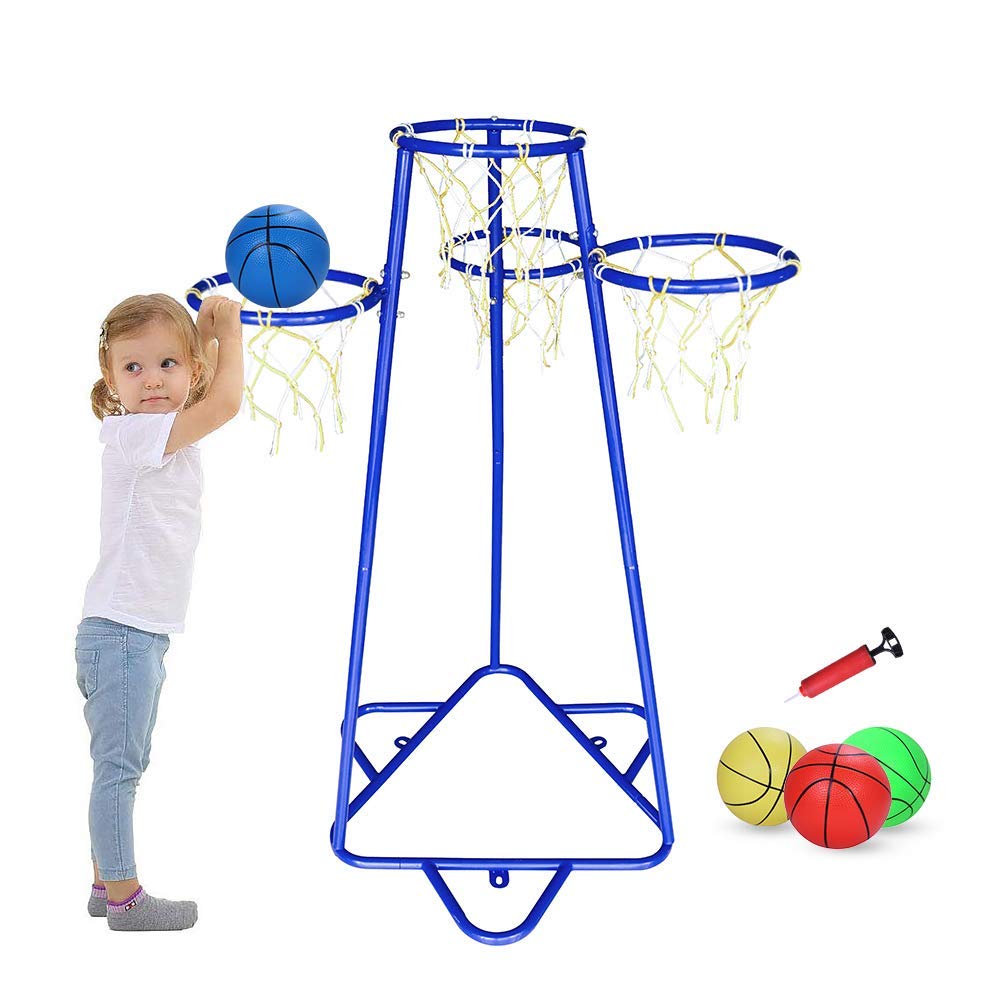 Portable Kids Basketball Hoop Stand with Adjustable 4 Hoops & 3 Balls - Indoor/Outdoor Basketball Toy Set for Toddlers Ages 3+ (Blue) - Perfect for Backyard Play, Birthday Gifts & Preschool Sports Activities