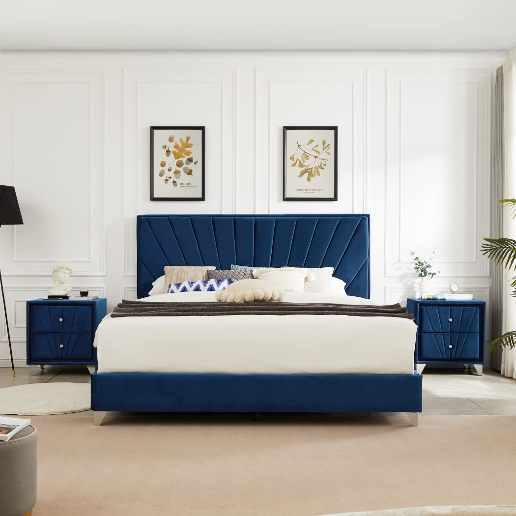 DNChuan 3-Piece Full Size Bedroom Set with Upholstered Platform Bed, Headboard, 2 Nightstands & 4 Storage Drawers - Linear Striped Design, Blue Fabric & Silver Metal Legs | Perfect for Modern Bedrooms, Guest Rooms & Small Spaces