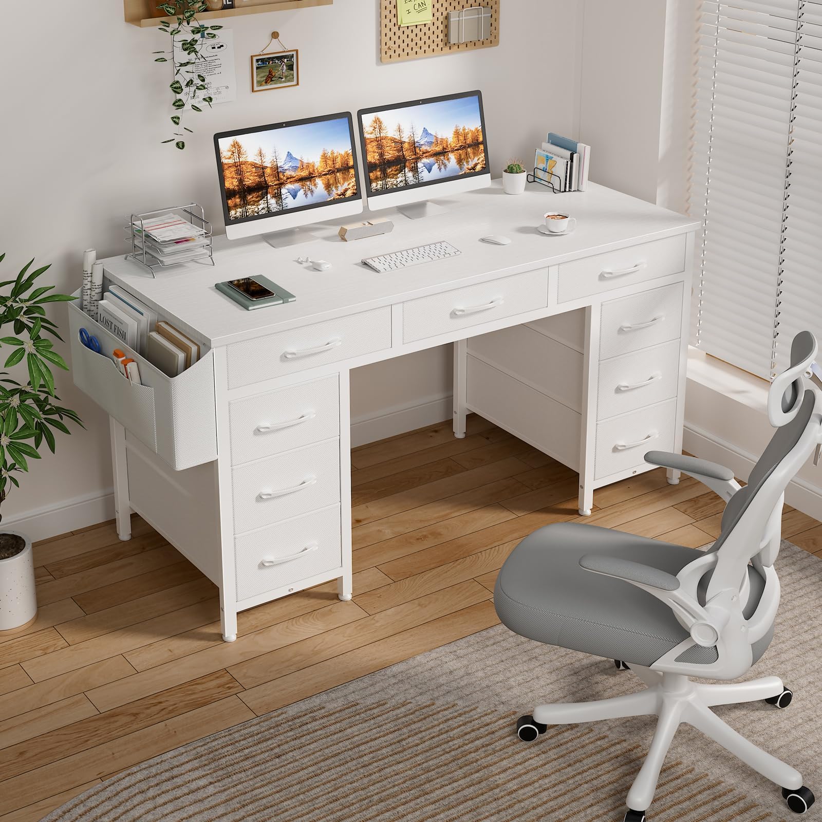 47 Inch White Computer Desk with 9 Fabric Drawers - Large Storage Office Desk for Home Office, Study & Writing | Perfect for Small Spaces, Dorm Rooms & Workstations