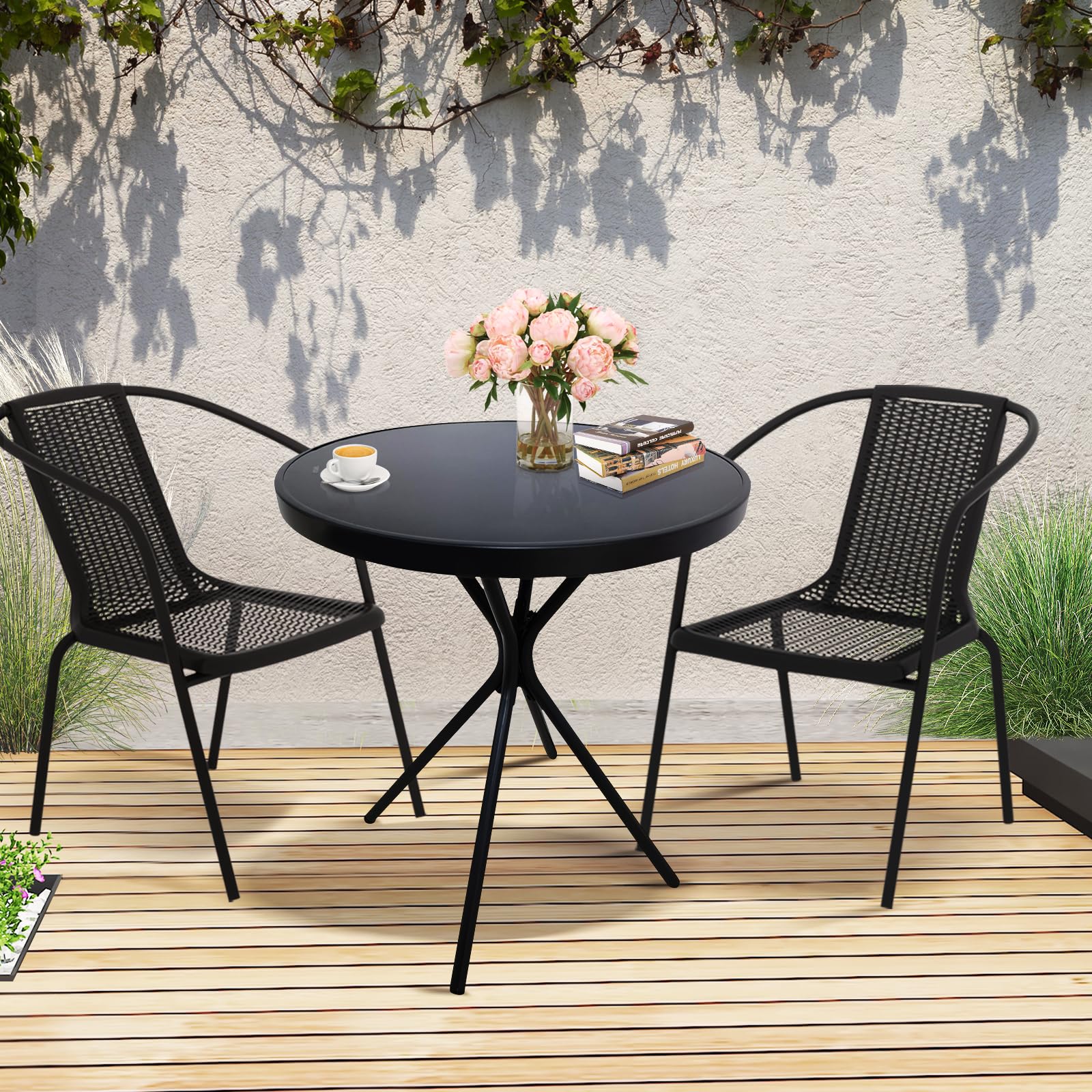 Compact Black Metal Outdoor Patio Side Table with Tempered Glass Top - Weather Resistant Round Bistro Table for Garden, Balcony & Poolside Use