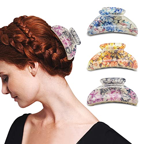 3.3 Inch Medium Non-Slip Acrylic Claw Clips for Thick Hair - 3PCS Floral Printed Hair Clips for Women & Girls - Perfect for Ponytails, Buns and Everyday Hairstyles