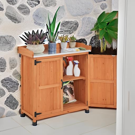 Yaheetech Outdoor Garden Potting Bench - Solid Wood Planting Work Table with Storage Cabinet & Metal-Plated Tabletop for Patio, Gardening, and DIY Projects - Perfect for Organizing Tools, Pots, and Supplies in Your Backyard or Greenhouse