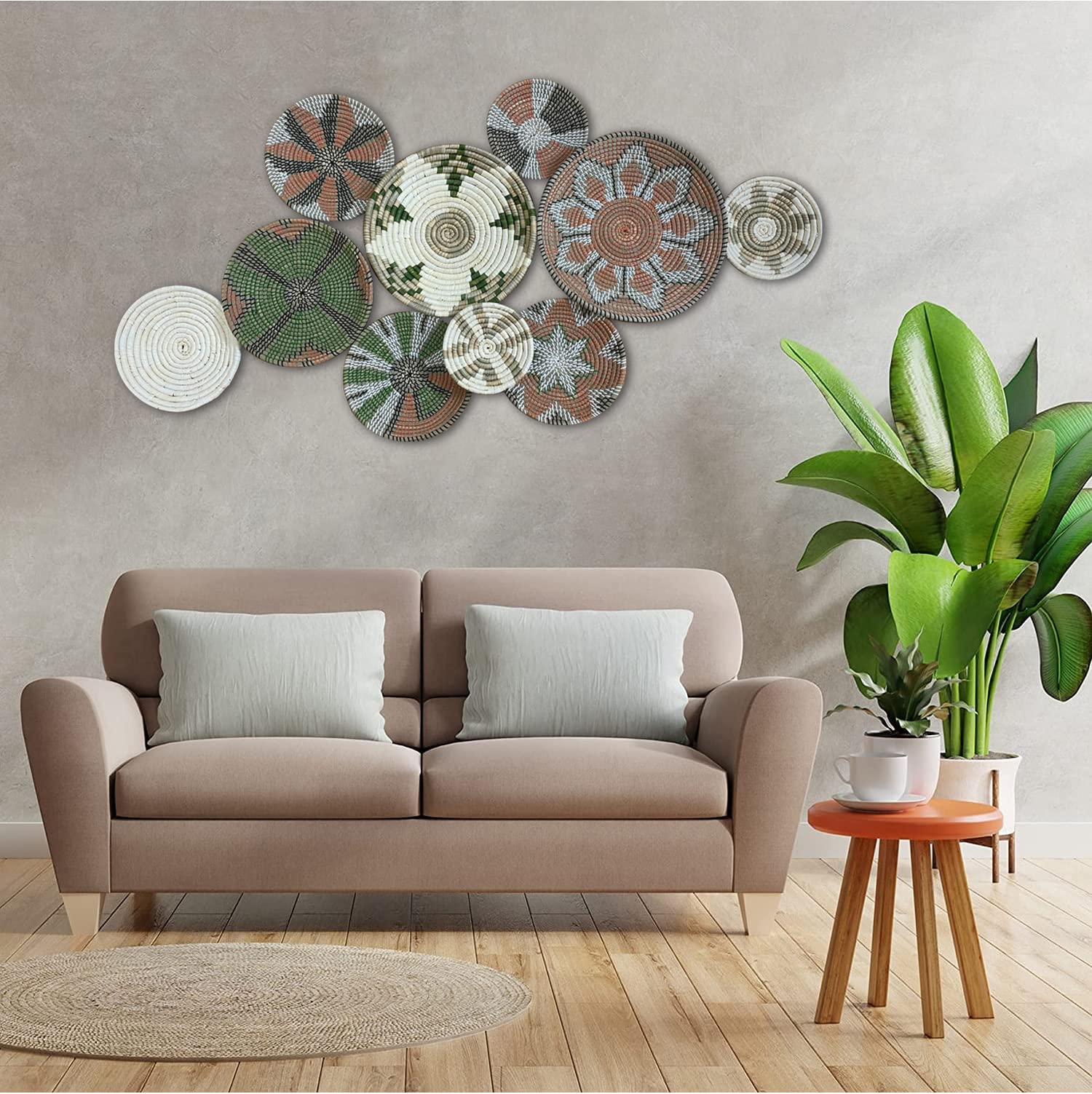 Handmade Boho Rattan Wall Decor Set of 10 - Woven Wicker Baskets, Wall Art & Tray for Boho Chic Home Decor | Perfect for Living Room, Bedroom & Nursery Wall Accents