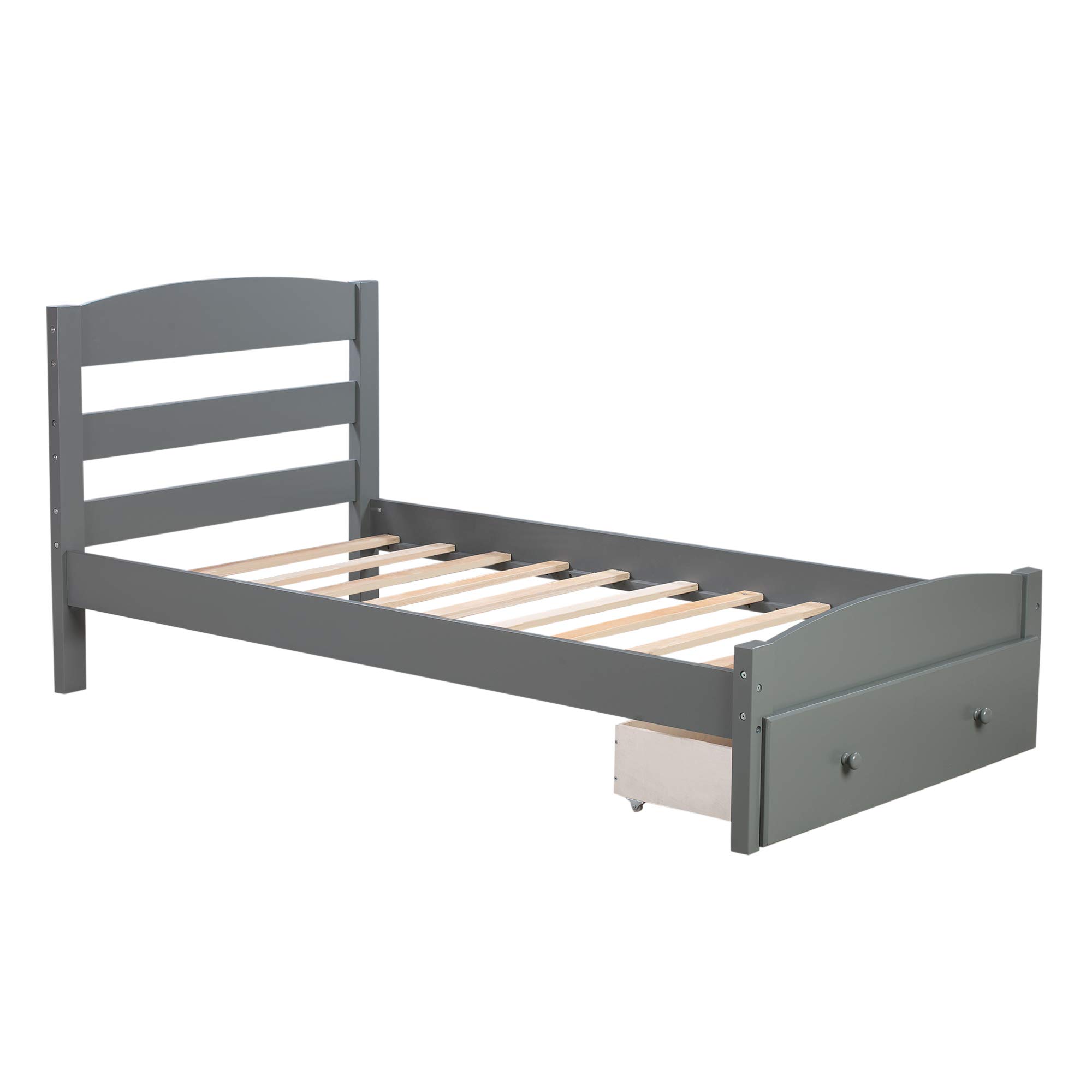 Merax Twin Size Wooden Bed Frame with Headboard & Hidden Storage Drawer - Sturdy Platform Bed for Kids & Teens (Grey) | Perfect for Small Bedrooms, Guest Rooms & Dormitories
