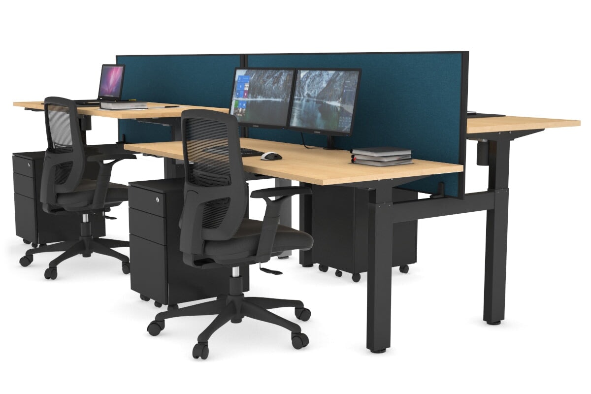Just Right Height Adjustable 4-Person H Bench Workstation - Black Frame [1400L x 700W] for Office, Coworking Space & Home Office