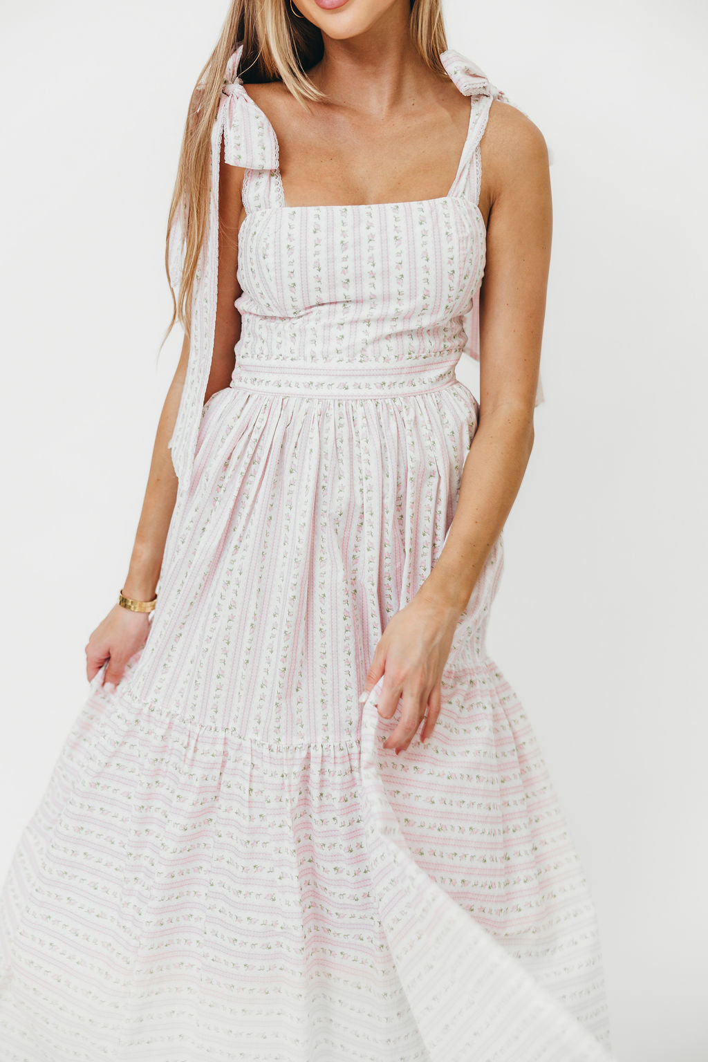 Garcelle Floral Tiered Midi Dress for Women - Pink Flowy Summer Dress with Ruffles, Perfect for Beach Vacation, Garden Party & Date Night