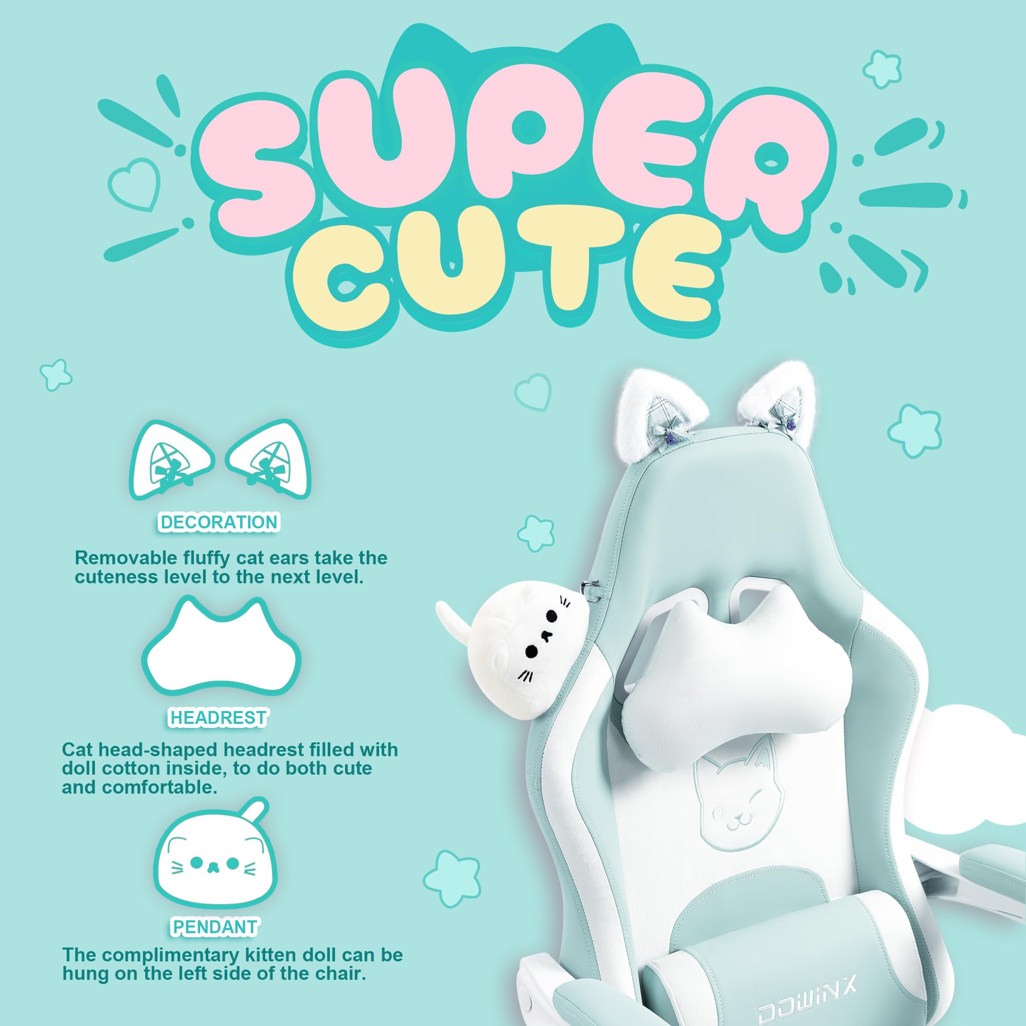 Dowinx Ergonomic Gaming Chair with Cat Ears - Massage Lumbar Support & Adjustable Footrest - Blue Green Computer Chair for Women, Teens & Adults (290lbs Capacity) - Perfect for Esports, Streaming & Home Office Setup