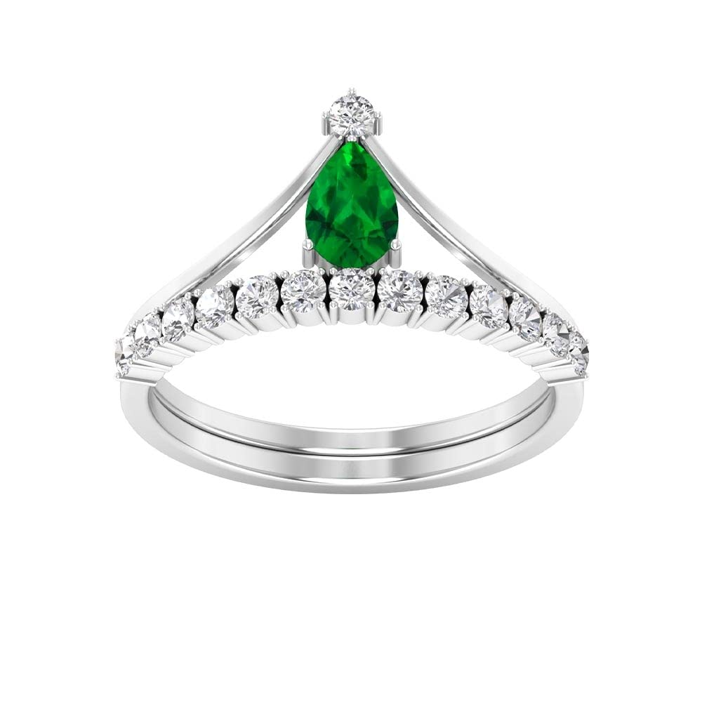 1.25 CT Natural Emerald and Diamond Ring for Women - 14K Solid Gold Pear Cut Emerald Curved Ring (4X6mm) | Elegant Jewelry for Weddings, Anniversaries & Special Occasions
