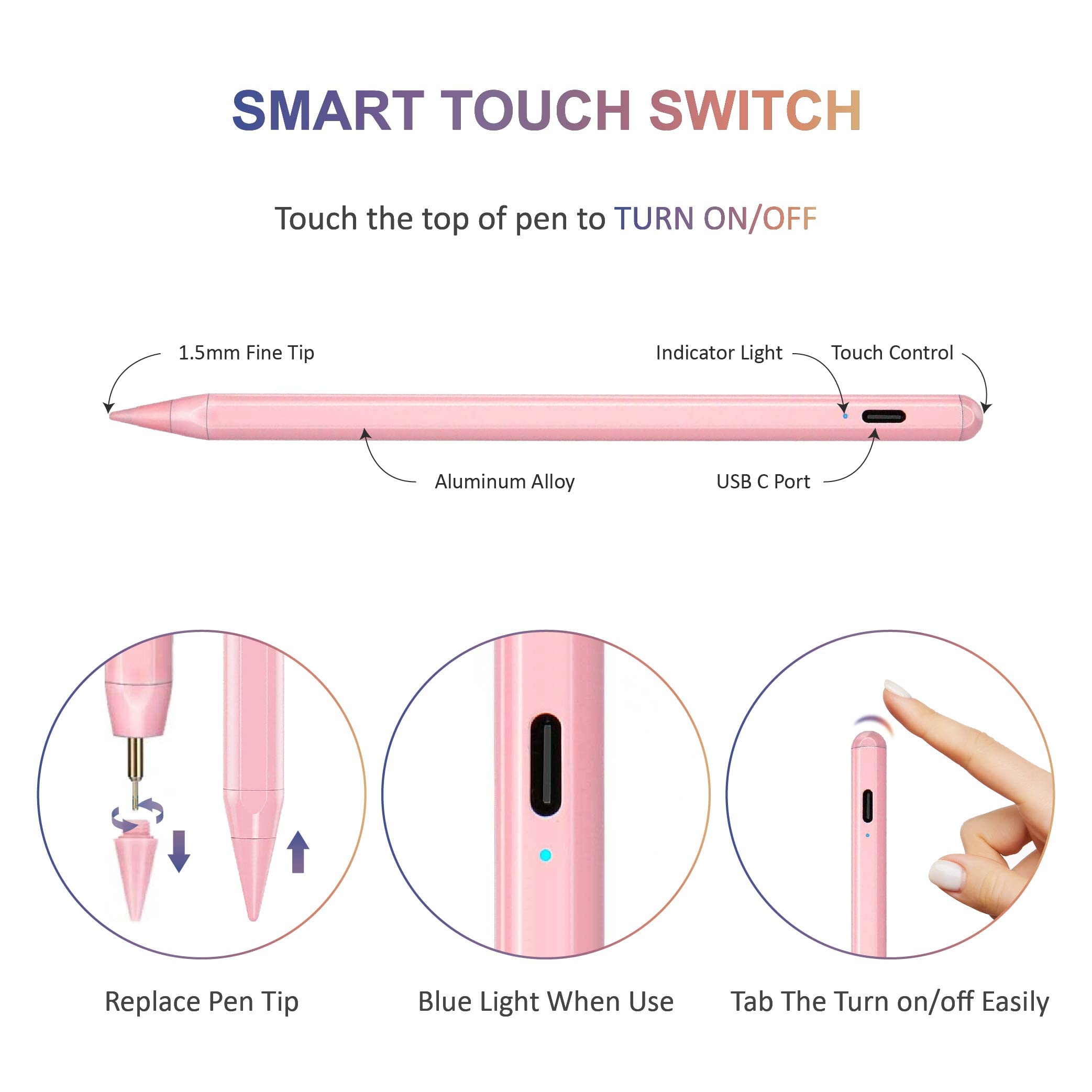 Apple Pencil Alternative - Stylus Pen for iPad Pro 11/12.9 (2018-2022), iPad 6/7/8/9, iPad Mini 5/6, iPad Air 3/4 - Magnetic, Tilt & Palm Rejection - Pink Digital Pen for Drawing, Note Taking & Creative Work