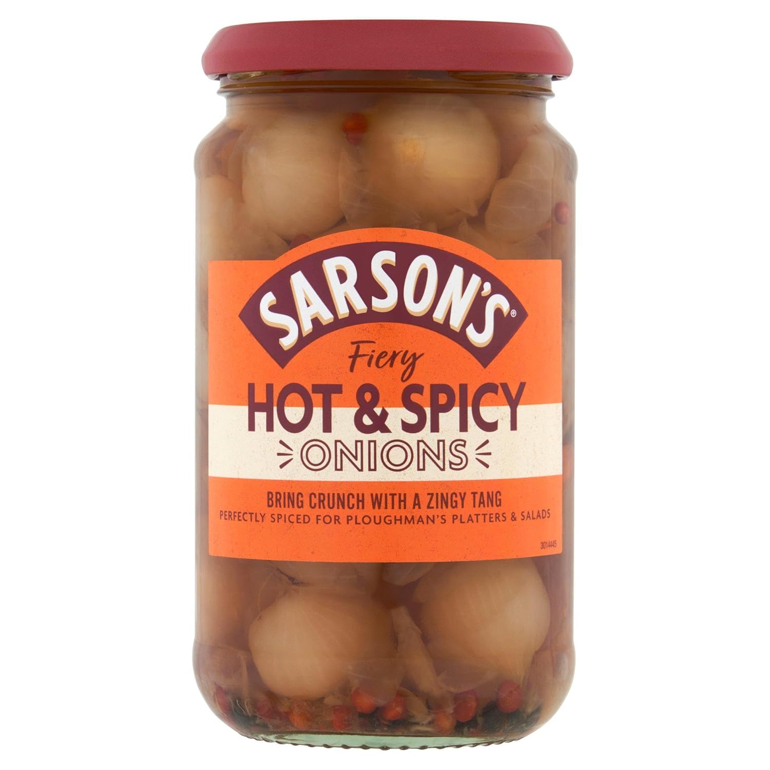Sarsons Hot and Spicy Silverskin Pickled Onions 460g (16.2 oz) - Tangy and Fiery Flavor - Perfect for Sandwiches, Salads, and Charcuterie Boards