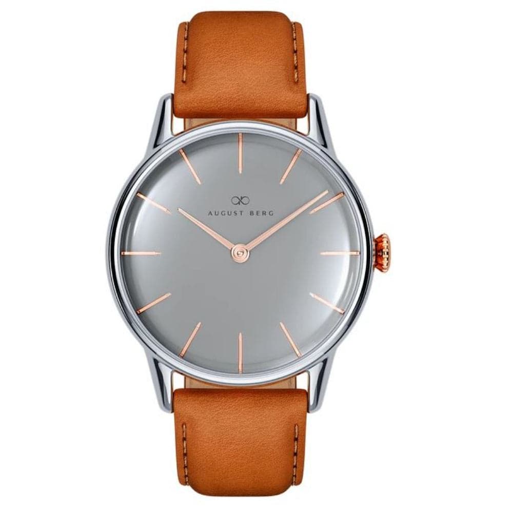August Berg 32mm Unisex Watch with Gray Dial & Brown Leather Strap - Stylish Casual & Business Timepiece for Men & Women | Perfect for Office, Date Night & Everyday Wear