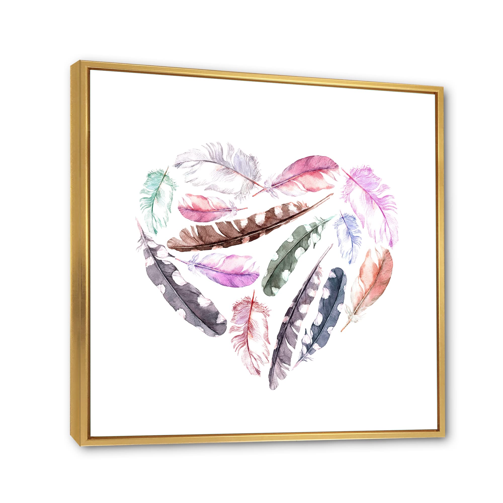 DesignQ Retro Heart with Pink Bird Feathers - Bohemian & Eclectic Framed Canvas Wall Art Print - Perfect for Living Room, Bedroom & Boho Home Decor