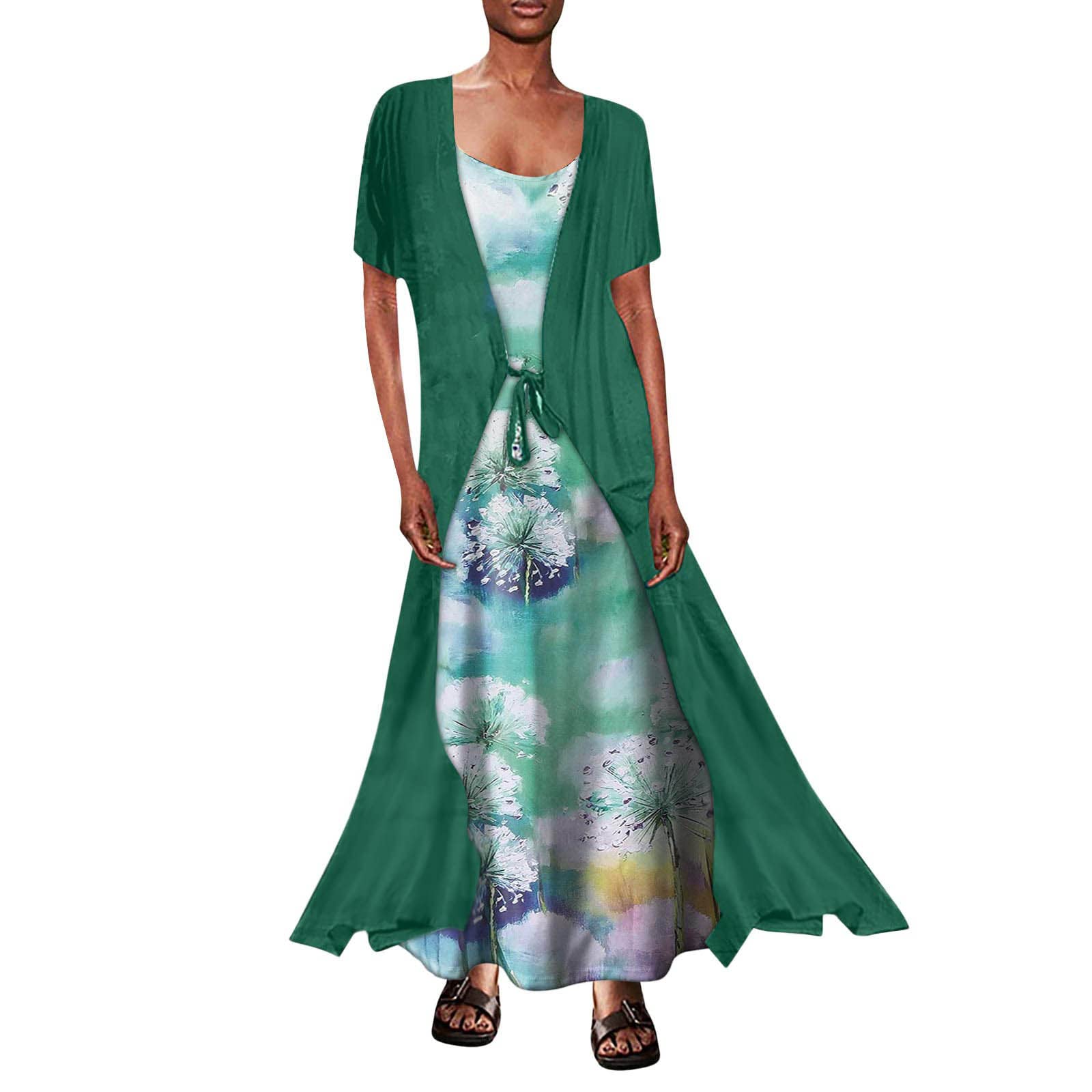 Women's Spring Floral Print Dress 2022 - Sleeveless Sling & Short Sleeve Cardigan Two Piece Set - Perfect for Casual Outings, Date Nights & Summer Vacations