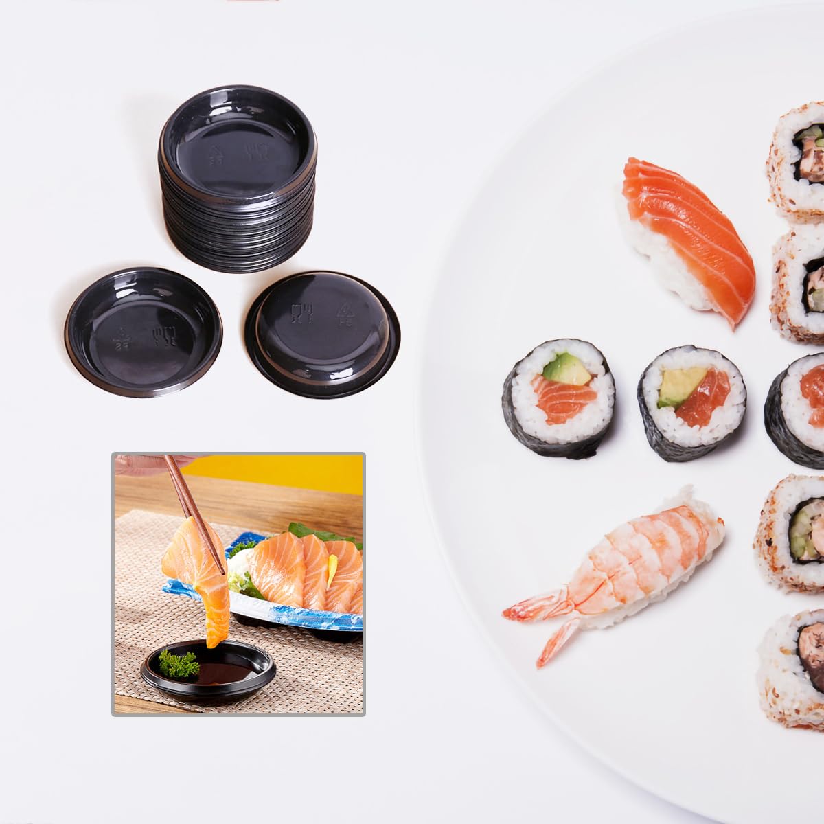 100-Pack Black Plastic Disposable Sauce Dishes - Round Dipping Bowls for Sushi, BBQ, Ketchup, Mustard & Soy Sauce - Perfect for Restaurants, Parties & Takeout Meals